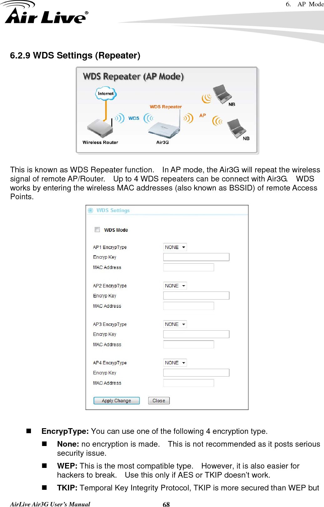 6.  AP Mode   AirLive Air3G User’s Manual  686.2.9 WDS Settings (Repeater)     This is known as WDS Repeater function.    In AP mode, the Air3G will repeat the wireless signal of remote AP/Router.    Up to 4 WDS repeaters can be connect with Air3G.    WDS works by entering the wireless MAC addresses (also known as BSSID) of remote Access Points.     EncrypType: You can use one of the following 4 encryption type.  None: no encryption is made.    This is not recommended as it posts serious security issue.  WEP: This is the most compatible type.    However, it is also easier for hackers to break.    Use this only if AES or TKIP doesn’t work.  TKIP: Temporal Key Integrity Protocol, TKIP is more secured than WEP but 