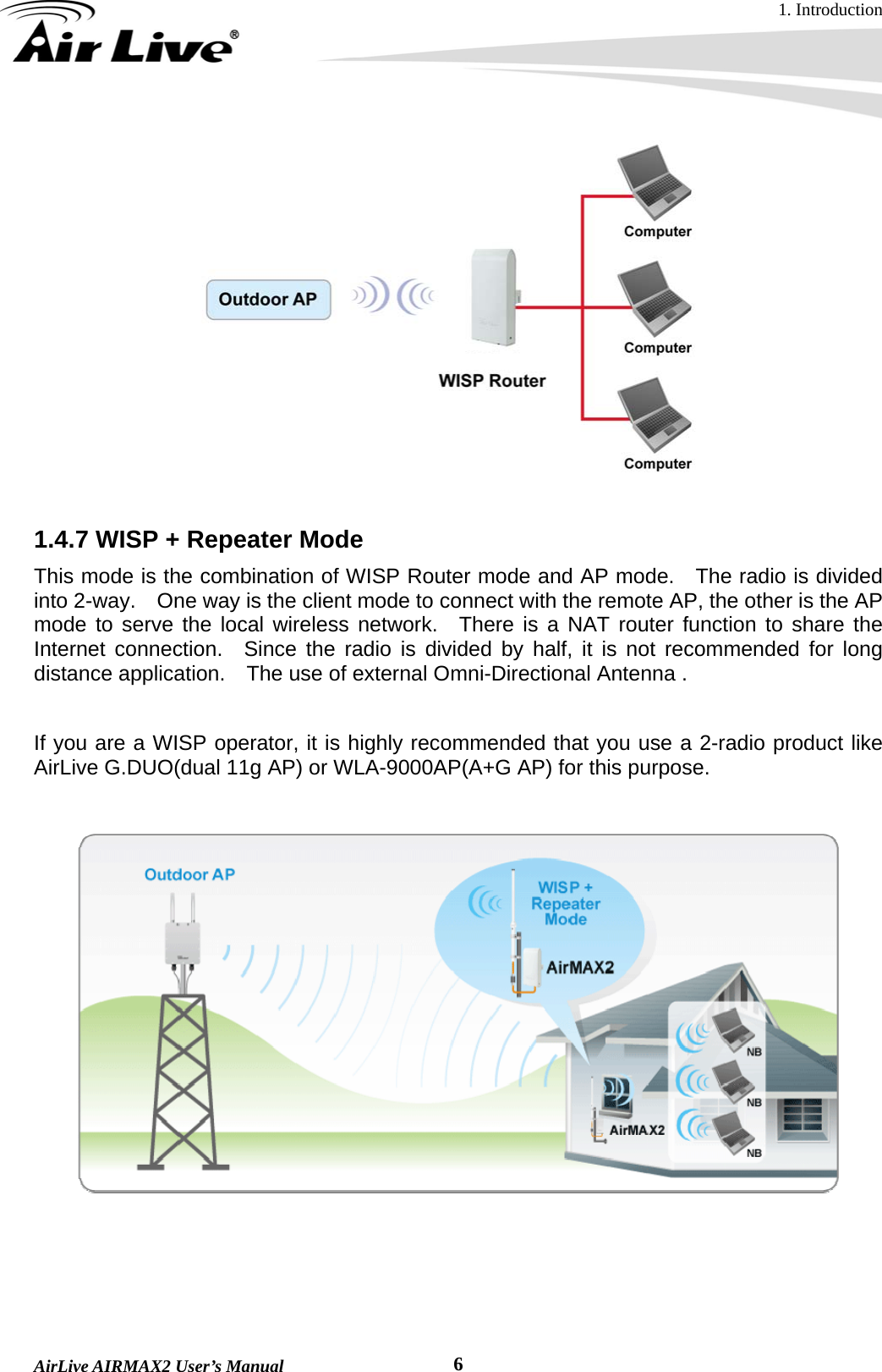 1. Introduction  AirLive AIRMAX2 User’s Manual  6  1.4.7 WISP + Repeater Mode This mode is the combination of WISP Router mode and AP mode.   The radio is divided into 2-way.    One way is the client mode to connect with the remote AP, the other is the AP mode to serve the local wireless network.  There is a NAT router function to share the Internet connection.  Since the radio is divided by half, it is not recommended for long distance application.    The use of external Omni-Directional Antenna .  If you are a WISP operator, it is highly recommended that you use a 2-radio product like AirLive G.DUO(dual 11g AP) or WLA-9000AP(A+G AP) for this purpose.      