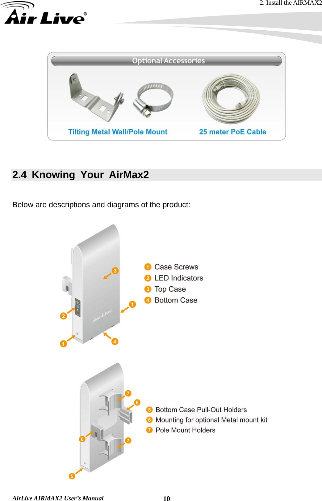 2. Install the AIRMAX2  AirLive AIRMAX2 User’s Manual  10  2.4 Knowing Your AirMax2  Below are descriptions and diagrams of the product:    