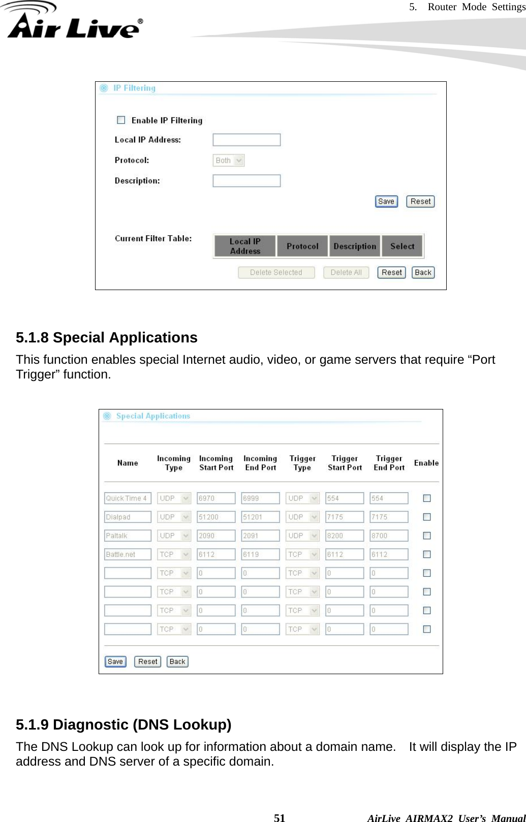 5.  Router Mode Settings    51              AirLive AIRMAX2 User’s Manual    5.1.8 Special Applications This function enables special Internet audio, video, or game servers that require “Port Trigger” function.     5.1.9 Diagnostic (DNS Lookup) The DNS Lookup can look up for information about a domain name.    It will display the IP address and DNS server of a specific domain.  