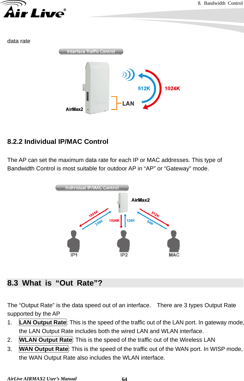 8. Bandwidth Control    AirLive AIRMAX2 User’s Manual  64data rate     8.2.2 Individual IP/MAC Control  The AP can set the maximum data rate for each IP or MAC addresses. This type of Bandwidth Control is most suitable for outdoor AP in “AP” or “Gateway” mode.    8.3 What is “Out Rate”?  The “Output Rate” is the data speed out of an interface.    There are 3 types Output Rate supported by the AP 1.  LAN Output Rate: This is the speed of the traffic out of the LAN port. In gateway mode, the LAN Output Rate includes both the wired LAN and WLAN interface. 2.  WLAN Output Rate: This is the speed of the traffic out of the Wireless LAN 3.  WAN Output Rate: This is the speed of the traffic out of the WAN port. In WISP mode, the WAN Output Rate also includes the WLAN interface.  
