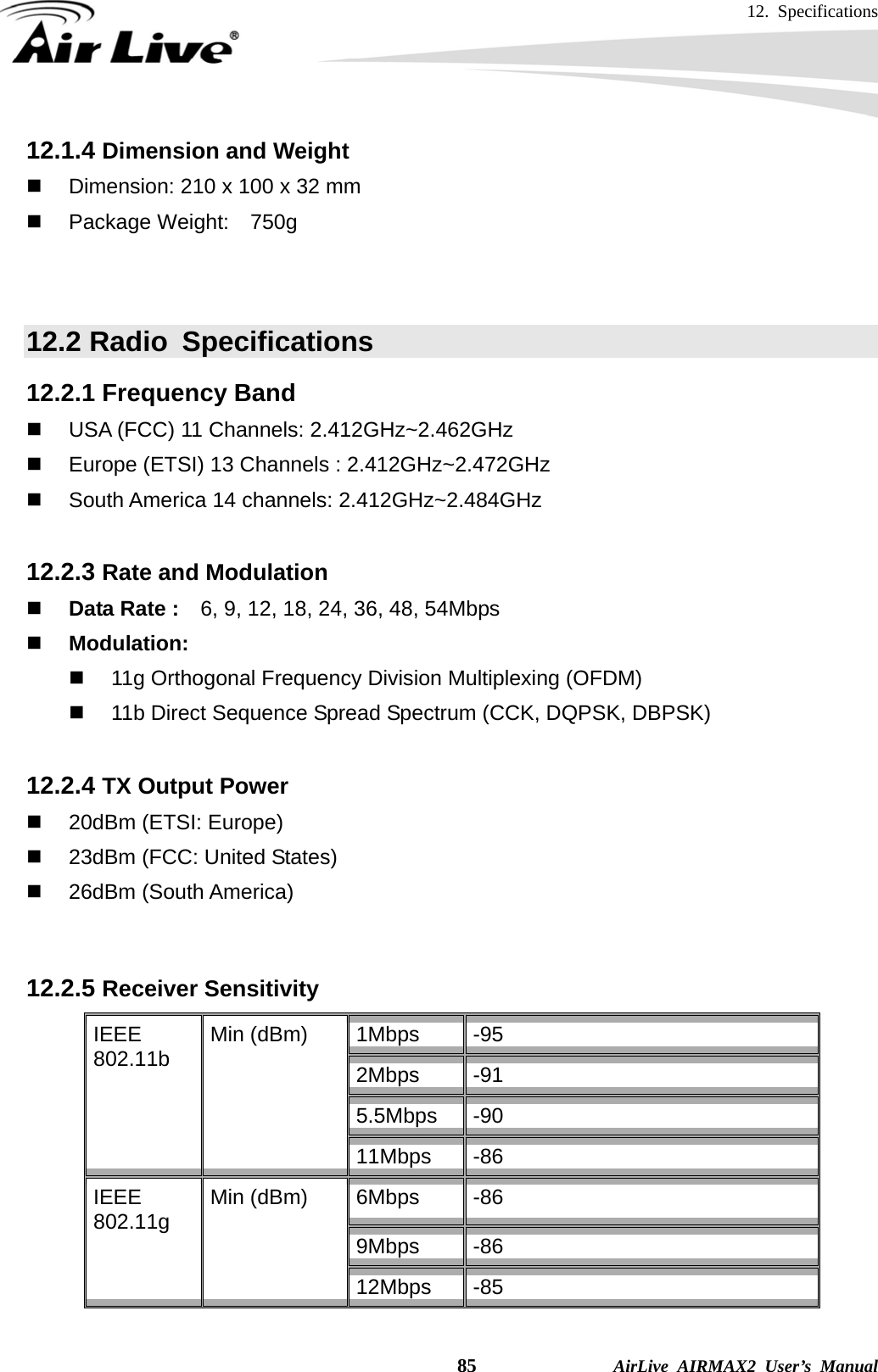 12. Specifications    85              AirLive AIRMAX2 User’s Manual 12.1.4 Dimension and Weight   Dimension: 210 x 100 x 32 mm   Package Weight:  750g   12.2 Radio  Specifications 12.2.1 Frequency Band   USA (FCC) 11 Channels: 2.412GHz~2.462GHz     Europe (ETSI) 13 Channels : 2.412GHz~2.472GHz    South America 14 channels: 2.412GHz~2.484GHz  12.2.3 Rate and Modulation  Data Rate :    6, 9, 12, 18, 24, 36, 48, 54Mbps  Modulation:      11g Orthogonal Frequency Division Multiplexing (OFDM)   11b Direct Sequence Spread Spectrum (CCK, DQPSK, DBPSK)  12.2.4 TX Output Power   20dBm (ETSI: Europe)   23dBm (FCC: United States)  26dBm (South America)   12.2.5 Receiver Sensitivity 1Mbps  -95 2Mbps  -91 5.5Mbps  -90 IEEE 802.11b  Min (dBm) 11Mbps  -86 6Mbps  -86 9Mbps  -86 IEEE 802.11g  Min (dBm) 12Mbps  -85 