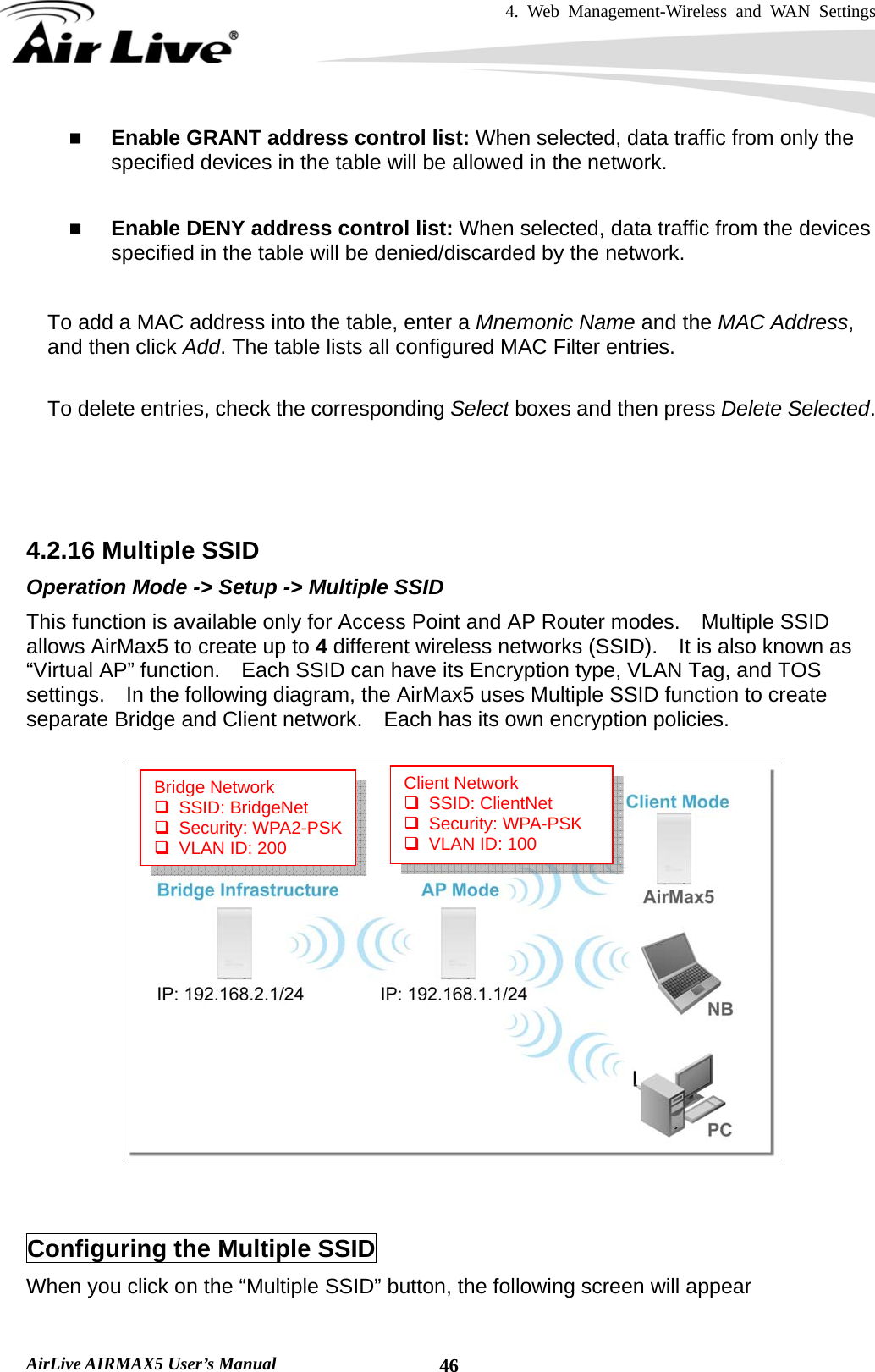 4. Web Management-Wireless and WAN Settings   AirLive AIRMAX5 User’s Manual  46 Enable GRANT address control list: When selected, data traffic from only the specified devices in the table will be allowed in the network.     Enable DENY address control list: When selected, data traffic from the devices specified in the table will be denied/discarded by the network.  To add a MAC address into the table, enter a Mnemonic Name and the MAC Address, and then click Add. The table lists all configured MAC Filter entries.    To delete entries, check the corresponding Select boxes and then press Delete Selected.    4.2.16 Multiple SSID Operation Mode -&gt; Setup -&gt; Multiple SSID This function is available only for Access Point and AP Router modes.    Multiple SSID allows AirMax5 to create up to 4 different wireless networks (SSID).    It is also known as “Virtual AP” function.    Each SSID can have its Encryption type, VLAN Tag, and TOS settings.    In the following diagram, the AirMax5 uses Multiple SSID function to create separate Bridge and Client network.    Each has its own encryption policies.     Configuring the Multiple SSID When you click on the “Multiple SSID” button, the following screen will appear Bridge Network  SSID: BridgeNet  Security: WPA2-PSK   VLAN ID: 200 Client Network  SSID: ClientNet  Security: WPA-PSK   VLAN ID: 100 