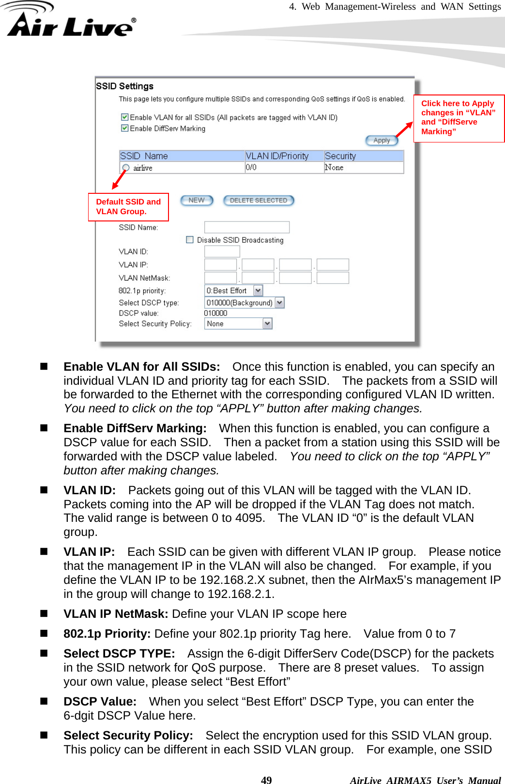 4. Web Management-Wireless and WAN Settings    49              AirLive AIRMAX5 User’s Manual   Enable VLAN for All SSIDs:    Once this function is enabled, you can specify an individual VLAN ID and priority tag for each SSID.  The packets from a SSID will be forwarded to the Ethernet with the corresponding configured VLAN ID written.   You need to click on the top “APPLY” button after making changes.  Enable DiffServ Marking:    When this function is enabled, you can configure a DSCP value for each SSID.    Then a packet from a station using this SSID will be forwarded with the DSCP value labeled.    You need to click on the top “APPLY” button after making changes.  VLAN ID:    Packets going out of this VLAN will be tagged with the VLAN ID.   Packets coming into the AP will be dropped if the VLAN Tag does not match.   The valid range is between 0 to 4095.    The VLAN ID “0” is the default VLAN group.    VLAN IP:    Each SSID can be given with different VLAN IP group.    Please notice that the management IP in the VLAN will also be changed.    For example, if you define the VLAN IP to be 192.168.2.X subnet, then the AIrMax5’s management IP in the group will change to 192.168.2.1.  VLAN IP NetMask: Define your VLAN IP scope here  802.1p Priority: Define your 802.1p priority Tag here.    Value from 0 to 7  Select DSCP TYPE:  Assign the 6-digit DifferServ Code(DSCP) for the packets in the SSID network for QoS purpose.    There are 8 preset values.    To assign your own value, please select “Best Effort”  DSCP Value:    When you select “Best Effort” DSCP Type, you can enter the 6-dgit DSCP Value here.  Select Security Policy:  Select the encryption used for this SSID VLAN group.   This policy can be different in each SSID VLAN group.    For example, one SSID Click here to Apply changes in “VLAN” and “DiffServe Marking” Default SSID and VLAN Group. 