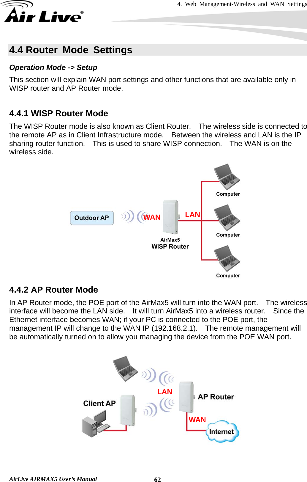 4. Web Management-Wireless and WAN Settings   AirLive AIRMAX5 User’s Manual  624.4 Router Mode Settings Operation Mode -&gt; Setup This section will explain WAN port settings and other functions that are available only in WISP router and AP Router mode.  4.4.1 WISP Router Mode The WISP Router mode is also known as Client Router.    The wireless side is connected to the remote AP as in Client Infrastructure mode.    Between the wireless and LAN is the IP sharing router function.    This is used to share WISP connection.    The WAN is on the wireless side.  4.4.2 AP Router Mode In AP Router mode, the POE port of the AirMax5 will turn into the WAN port.    The wireless interface will become the LAN side.    It will turn AirMax5 into a wireless router.    Since the Ethernet interface becomes WAN; if your PC is connected to the POE port, the management IP will change to the WAN IP (192.168.2.1).    The remote management will be automatically turned on to allow you managing the device from the POE WAN port.  WAN  LAN WAN LAN 