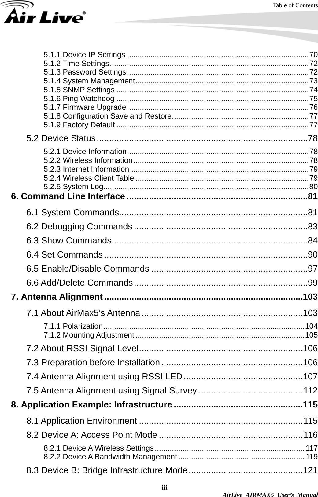 Table of Contents iii  AirLive AIRMAX5 User’s Manual 5.1.1 Device IP Settings .....................................................................................70 5.1.2 Time Settings.............................................................................................72 5.1.3 Password Settings.....................................................................................72 5.1.4 System Management.................................................................................73 5.1.5 SNMP Settings ..........................................................................................74 5.1.6 Ping Watchdog ..........................................................................................75 5.1.7 Firmware Upgrade.....................................................................................76 5.1.8 Configuration Save and Restore................................................................77 5.1.9 Factory Default ..........................................................................................77 5.2 Device Status.....................................................................................78 5.2.1 Device Information.....................................................................................78 5.2.2 Wireless Information..................................................................................78 5.2.3 Internet Information ...................................................................................79 5.2.4 Wireless Client Table .................................................................................79 5.2.5 System Log................................................................................................80 6. Command Line Interface.........................................................................81 6.1 System Commands............................................................................81 6.2 Debugging Commands ......................................................................83 6.3 Show Commands...............................................................................84 6.4 Set Commands ..................................................................................90 6.5 Enable/Disable Commands ...............................................................97 6.6 Add/Delete Commands......................................................................99 7. Antenna Alignment................................................................................103 7.1 About AirMax5’s Antenna.................................................................103 7.1.1 Polarization..............................................................................................104 7.1.2 Mounting Adjustment ...............................................................................105 7.2 About RSSI Signal Level..................................................................106 7.3 Preparation before Installation .........................................................106 7.4 Antenna Alignment using RSSI LED................................................107 7.5 Antenna Alignment using Signal Survey ..........................................112 8. Application Example: Infrastructure ....................................................115 8.1 Application Environment ..................................................................115 8.2 Device A: Access Point Mode ..........................................................116 8.2.1 Device A Wireless Settings......................................................................117 8.2.2 Device A Bandwidth Management ...........................................................119 8.3 Device B: Bridge Infrastructure Mode..............................................121 