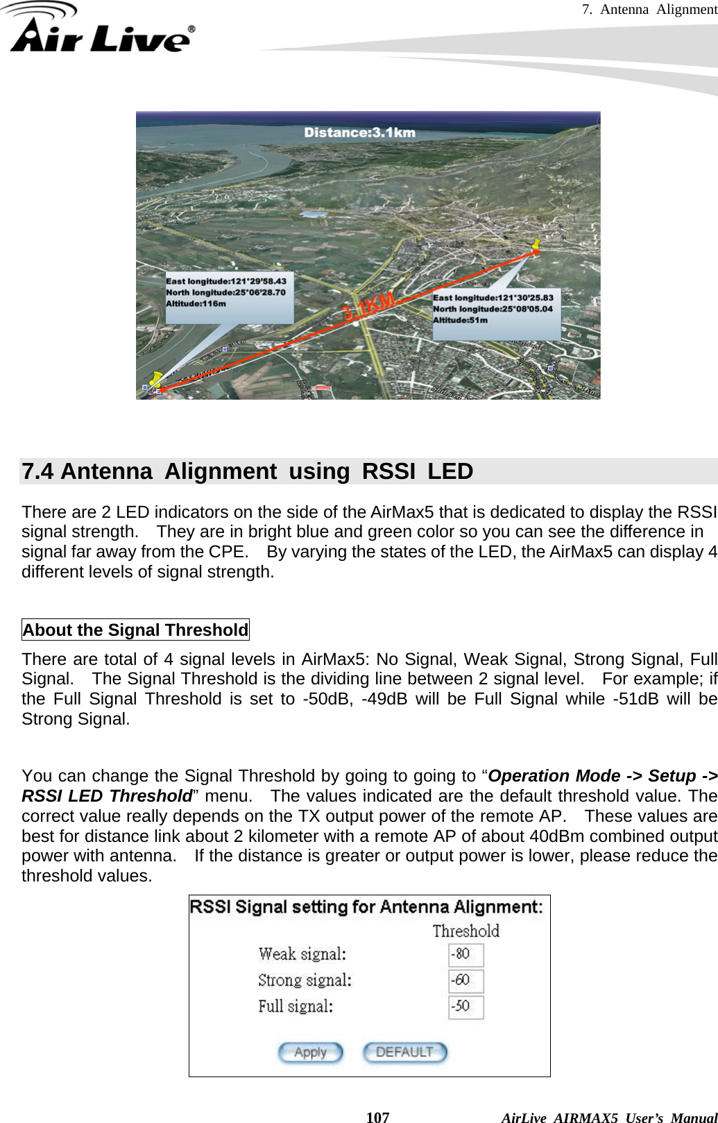 7. Antenna Alignment    107              AirLive AIRMAX5 User’s Manual    7.4 Antenna Alignment using RSSI LED There are 2 LED indicators on the side of the AirMax5 that is dedicated to display the RSSI signal strength.    They are in bright blue and green color so you can see the difference in signal far away from the CPE.    By varying the states of the LED, the AirMax5 can display 4 different levels of signal strength.        About the Signal Threshold There are total of 4 signal levels in AirMax5: No Signal, Weak Signal, Strong Signal, Full Signal.    The Signal Threshold is the dividing line between 2 signal level.    For example; if the Full Signal Threshold is set to -50dB, -49dB will be Full Signal while -51dB will be Strong Signal.  You can change the Signal Threshold by going to going to “Operation Mode -&gt; Setup -&gt; RSSI LED Threshold” menu.  The values indicated are the default threshold value. The correct value really depends on the TX output power of the remote AP.  These values are best for distance link about 2 kilometer with a remote AP of about 40dBm combined output power with antenna.    If the distance is greater or output power is lower, please reduce the threshold values.  