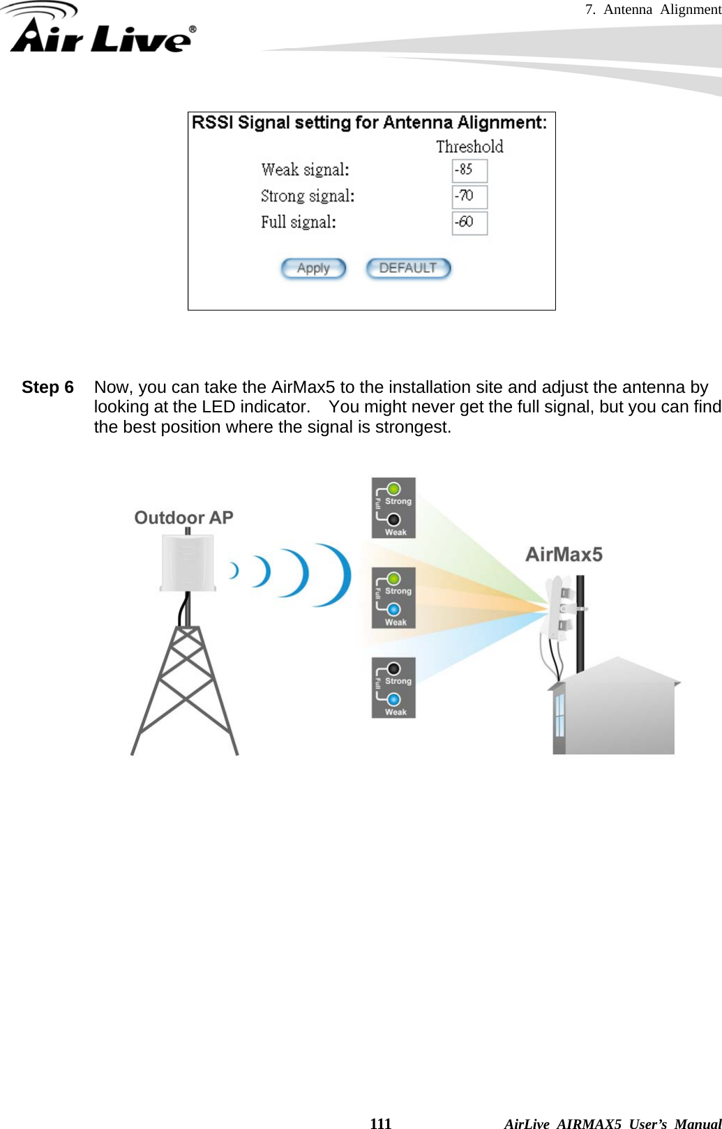 7. Antenna Alignment    111              AirLive AIRMAX5 User’s Manual    Step 6  Now, you can take the AirMax5 to the installation site and adjust the antenna by looking at the LED indicator.    You might never get the full signal, but you can find the best position where the signal is strongest.                 