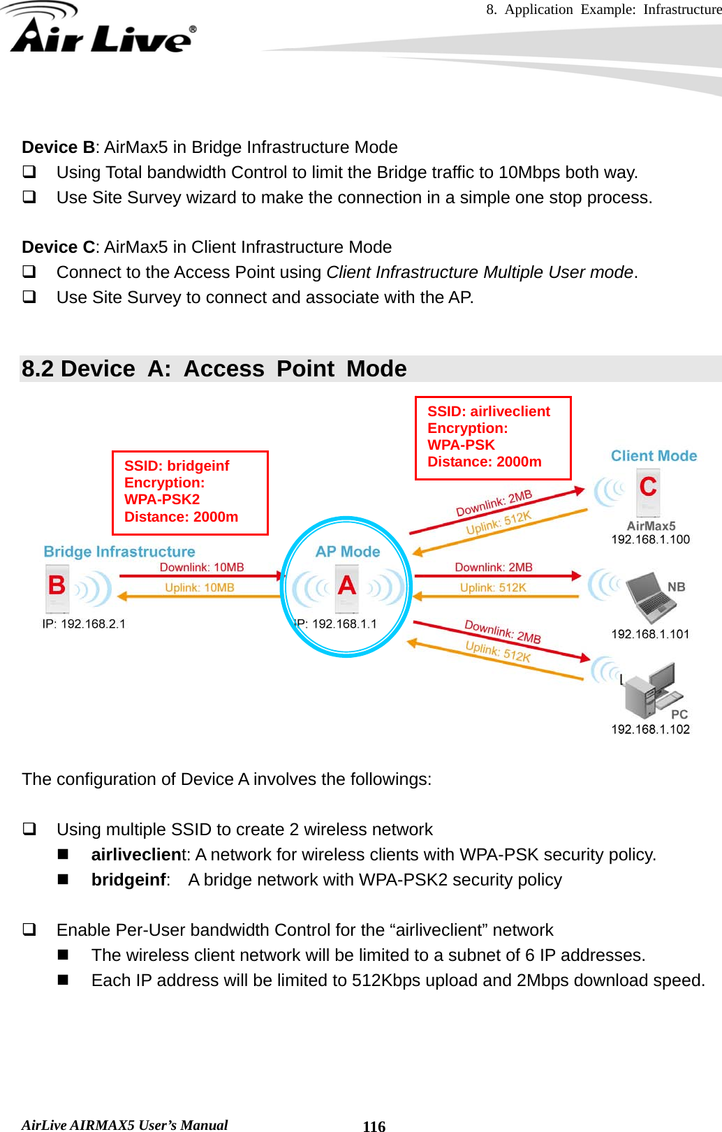 8. Application Example: Infrastructure    AirLive AIRMAX5 User’s Manual  116 Device B: AirMax5 in Bridge Infrastructure Mode   Using Total bandwidth Control to limit the Bridge traffic to 10Mbps both way.   Use Site Survey wizard to make the connection in a simple one stop process.  Device C: AirMax5 in Client Infrastructure Mode   Connect to the Access Point using Client Infrastructure Multiple User mode.   Use Site Survey to connect and associate with the AP.  8.2 Device A: Access Point Mode     The configuration of Device A involves the followings:    Using multiple SSID to create 2 wireless network  airliveclient: A network for wireless clients with WPA-PSK security policy.  bridgeinf:    A bridge network with WPA-PSK2 security policy    Enable Per-User bandwidth Control for the “airliveclient” network   The wireless client network will be limited to a subnet of 6 IP addresses.   Each IP address will be limited to 512Kbps upload and 2Mbps download speed.     SSID: airliveclient Encryption: WPA-PSK Distance: 2000m SSID: bridgeinf Encryption: WPA-PSK2 Distance: 2000m 