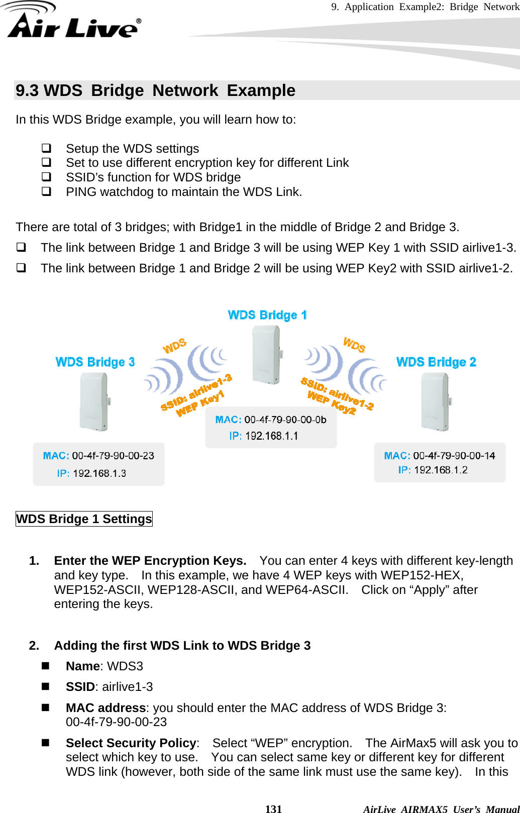 9. Application Example2: Bridge Network    131              AirLive AIRMAX5 User’s Manual 9.3 WDS Bridge Network Example In this WDS Bridge example, you will learn how to:    Setup the WDS settings   Set to use different encryption key for different Link   SSID’s function for WDS bridge   PING watchdog to maintain the WDS Link.  There are total of 3 bridges; with Bridge1 in the middle of Bridge 2 and Bridge 3.       The link between Bridge 1 and Bridge 3 will be using WEP Key 1 with SSID airlive1-3.   The link between Bridge 1 and Bridge 2 will be using WEP Key2 with SSID airlive1-2.    WDS Bridge 1 Settings  1.  Enter the WEP Encryption Keys.    You can enter 4 keys with different key-length and key type.    In this example, we have 4 WEP keys with WEP152-HEX, WEP152-ASCII, WEP128-ASCII, and WEP64-ASCII.    Click on “Apply” after entering the keys.  2.  Adding the first WDS Link to WDS Bridge 3  Name: WDS3  SSID: airlive1-3  MAC address: you should enter the MAC address of WDS Bridge 3:   00-4f-79-90-00-23  Select Security Policy:    Select “WEP” encryption.    The AirMax5 will ask you to select which key to use.    You can select same key or different key for different WDS link (however, both side of the same link must use the same key).    In this 