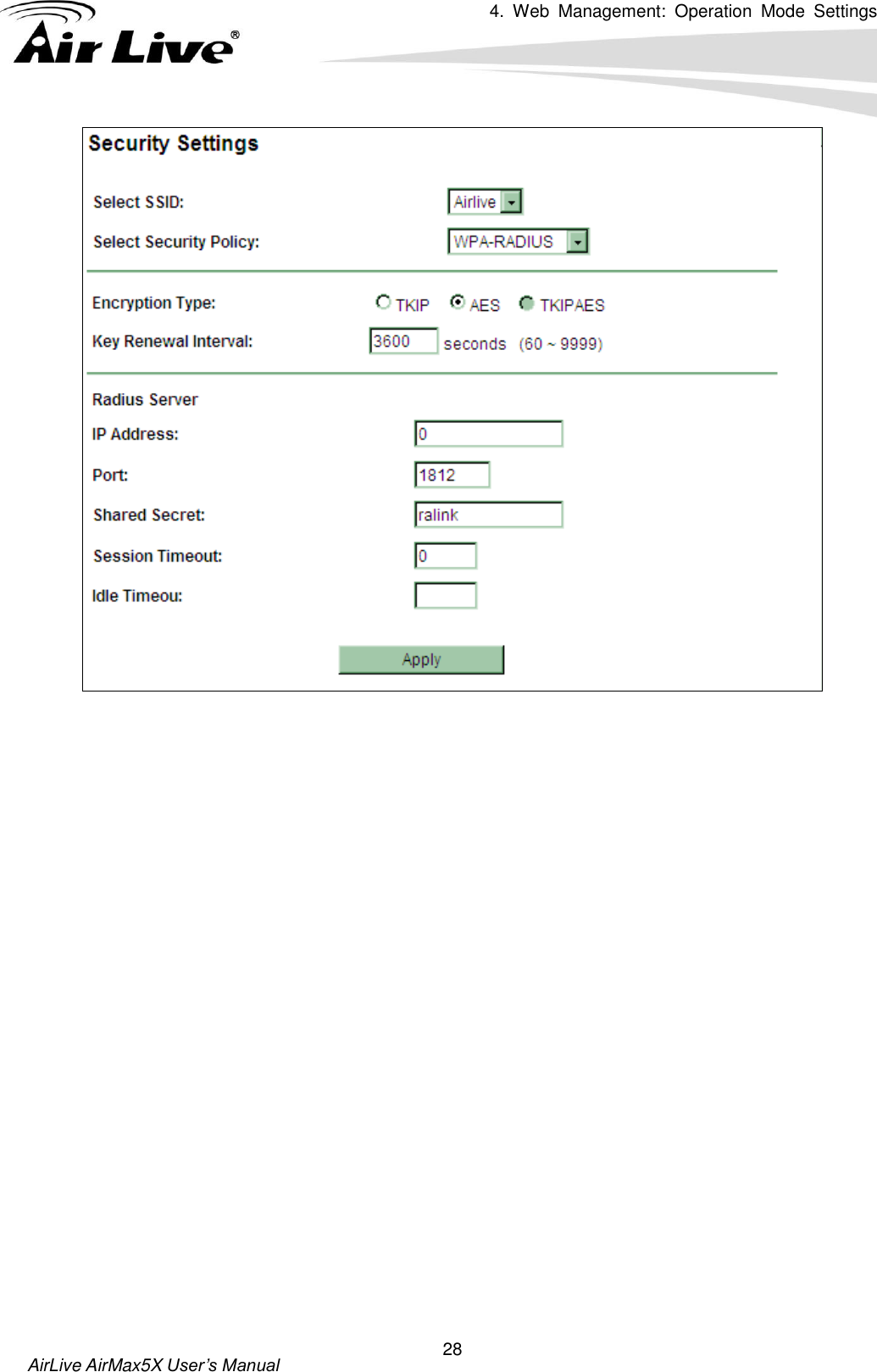 4.  Web  Management:  Operation  Mode  Settings   AirLive AirMax5X User’s Manual 28  