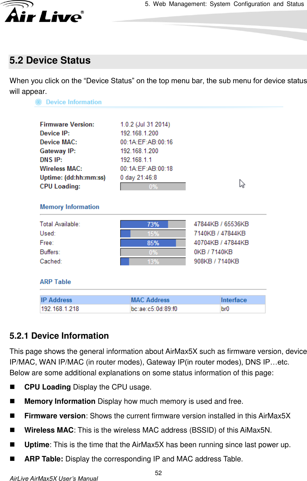 5.  Web  Management:  System  Configuration  and  Status     AirLive AirMax5X User’s Manual 52 5.2 Device Status When you click on the “Device Status” on the top menu bar, the sub menu for device status will appear.     5.2.1 Device Information This page shows the general information about AirMax5X such as firmware version, device IP/MAC, WAN IP/MAC (in router modes), Gateway IP(in router modes), DNS IP…etc. Below are some additional explanations on some status information of this page:  CPU Loading Display the CPU usage.    Memory Information Display how much memory is used and free.  Firmware version: Shows the current firmware version installed in this AirMax5X  Wireless MAC: This is the wireless MAC address (BSSID) of this AiMax5N.    Uptime: This is the time that the AirMax5X has been running since last power up.  ARP Table: Display the corresponding IP and MAC address Table. 