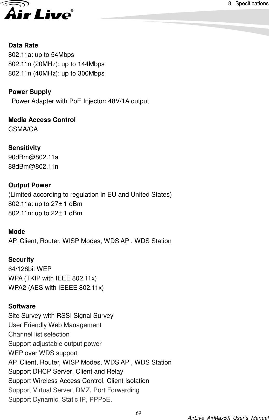 8.  Specifications           AirLive  AirMax5X  User’s  Manual 69 Data Rate 802.11a: up to 54Mbps 802.11n (20MHz): up to 144Mbps 802.11n (40MHz): up to 300Mbps  Power Supply   Power Adapter with PoE Injector: 48V/1A output  Media Access Control CSMA/CA    Sensitivity 90dBm@802.11a 88dBm@802.11n  Output Power (Limited according to regulation in EU and United States) 802.11a: up to 27± 1 dBm 802.11n: up to 22± 1 dBm  Mode AP, Client, Router, WISP Modes, WDS AP , WDS Station  Security 64/128bit WEP WPA (TKIP with IEEE 802.11x) WPA2 (AES with IEEEE 802.11x)  Software Site Survey with RSSI Signal Survey User Friendly Web Management Channel list selection Support adjustable output power WEP over WDS support AP, Client, Router, WISP Modes, WDS AP , WDS Station Support DHCP Server, Client and Relay Support Wireless Access Control, Client Isolation   Support Virtual Server, DMZ, Port Forwarding Support Dynamic, Static IP, PPPoE,   