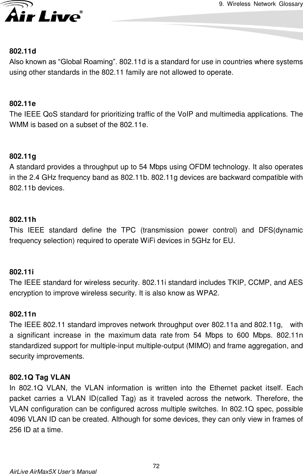 9.  Wireless  Network  Glossary       AirLive AirMax5X User’s Manual 72 802.11d Also known as “Global Roaming”. 802.11d is a standard for use in countries where systems using other standards in the 802.11 family are not allowed to operate.   802.11e The IEEE QoS standard for prioritizing traffic of the VoIP and multimedia applications. The WMM is based on a subset of the 802.11e.   802.11g A standard provides a throughput up to 54 Mbps using OFDM technology. It also operates in the 2.4 GHz frequency band as 802.11b. 802.11g devices are backward compatible with 802.11b devices.   802.11h This  IEEE  standard  define  the  TPC  (transmission  power  control)  and  DFS(dynamic frequency selection) required to operate WiFi devices in 5GHz for EU.   802.11i The IEEE standard for wireless security. 802.11i standard includes TKIP, CCMP, and AES encryption to improve wireless security. It is also know as WPA2.  802.11n The IEEE 802.11 standard improves network throughput over 802.11a and 802.11g,    with a  significant  increase  in  the  maximum data  rate from  54  Mbps  to  600  Mbps.  802.11n standardized support for multiple-input multiple-output (MIMO) and frame aggregation, and security improvements.  802.1Q Tag VLAN In  802.1Q  VLAN,  the  VLAN  information  is  written  into  the  Ethernet  packet  itself.  Each packet  carries  a  VLAN  ID(called  Tag)  as  it  traveled  across  the  network.  Therefore,  the VLAN configuration can be configured across multiple switches. In 802.1Q spec, possible 4096 VLAN ID can be created. Although for some devices, they can only view in frames of 256 ID at a time.   