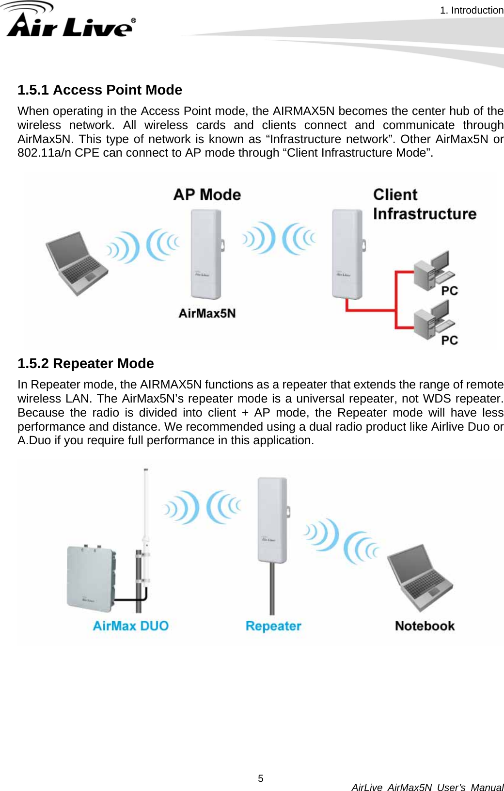 1. Introduction          AirLive AirMax5N User’s Manual 51.5.1 Access Point Mode When operating in the Access Point mode, the AIRMAX5N becomes the center hub of the wireless network. All wireless cards and clients connect and communicate through AirMax5N. This type of network is known as “Infrastructure network”. Other AirMax5N or 802.11a/n CPE can connect to AP mode through “Client Infrastructure Mode”.   1.5.2 Repeater Mode In Repeater mode, the AIRMAX5N functions as a repeater that extends the range of remote wireless LAN. The AirMax5N’s repeater mode is a universal repeater, not WDS repeater. Because the radio is divided into client + AP mode, the Repeater mode will have less performance and distance. We recommended using a dual radio product like Airlive Duo or A.Duo if you require full performance in this application.            