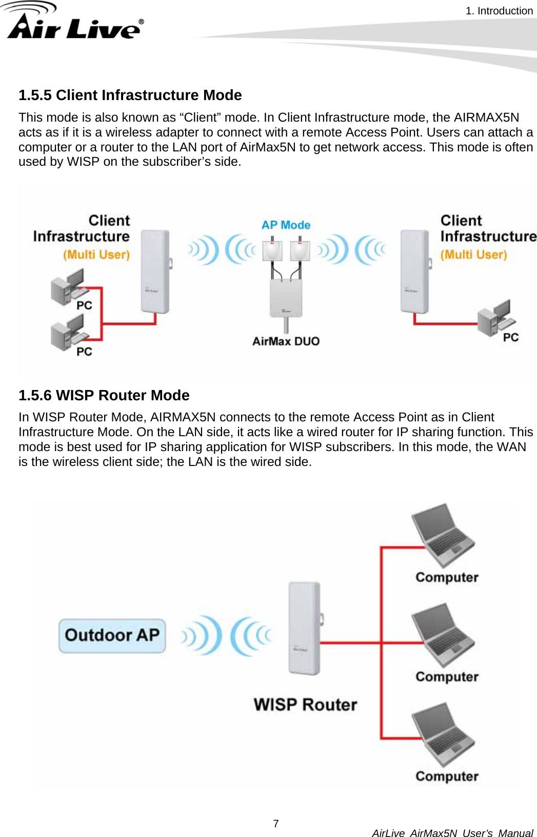 1. Introduction          AirLive AirMax5N User’s Manual 71.5.5 Client Infrastructure Mode This mode is also known as “Client” mode. In Client Infrastructure mode, the AIRMAX5N acts as if it is a wireless adapter to connect with a remote Access Point. Users can attach a computer or a router to the LAN port of AirMax5N to get network access. This mode is often used by WISP on the subscriber’s side.    1.5.6 WISP Router Mode In WISP Router Mode, AIRMAX5N connects to the remote Access Point as in Client Infrastructure Mode. On the LAN side, it acts like a wired router for IP sharing function. This mode is best used for IP sharing application for WISP subscribers. In this mode, the WAN is the wireless client side; the LAN is the wired side.    