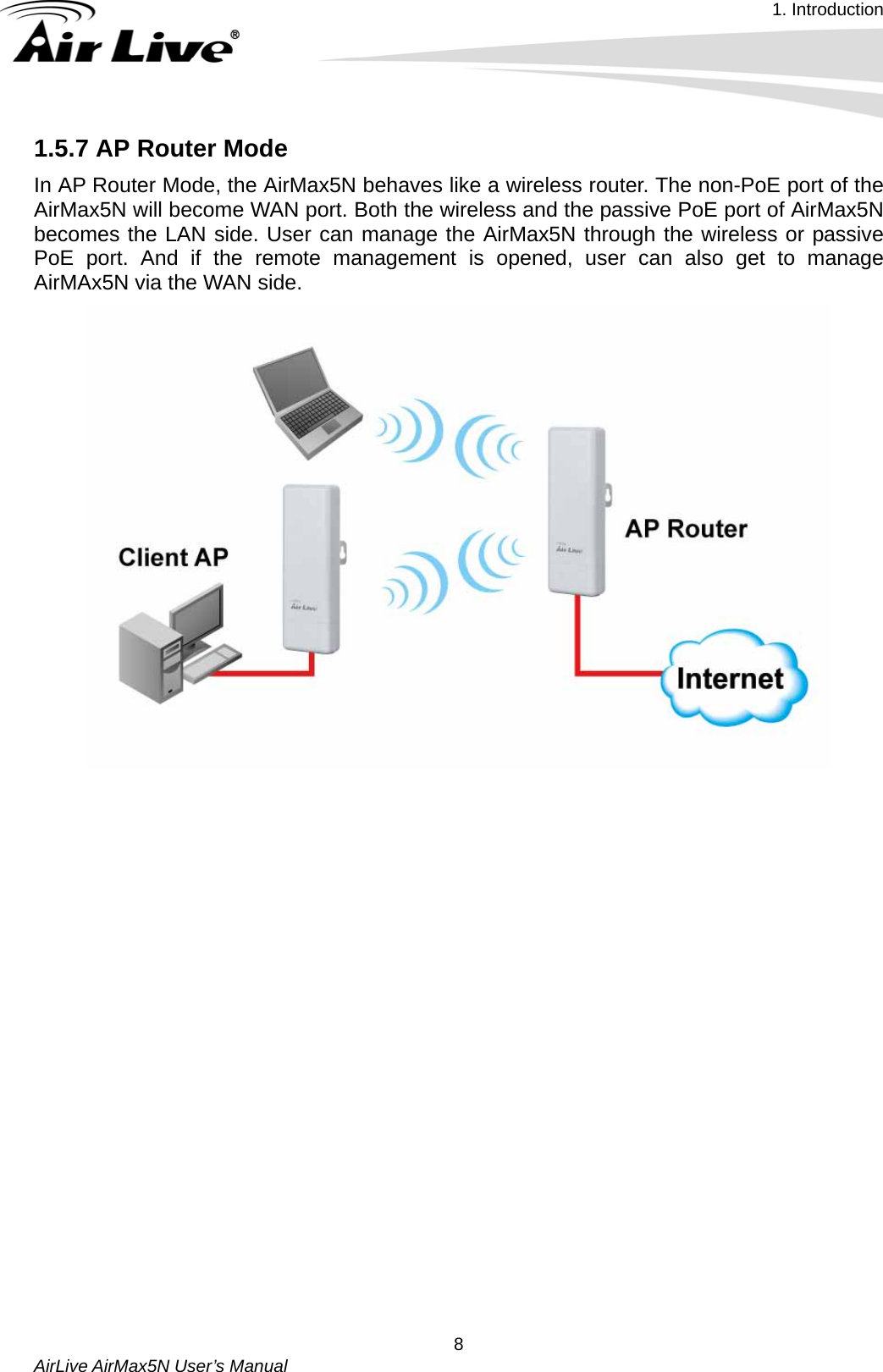 1. Introduction   AirLive AirMax5N User’s Manual  81.5.7 AP Router Mode In AP Router Mode, the AirMax5N behaves like a wireless router. The non-PoE port of the AirMax5N will become WAN port. Both the wireless and the passive PoE port of AirMax5N becomes the LAN side. User can manage the AirMax5N through the wireless or passive PoE port. And if the remote management is opened, user can also get to manage AirMAx5N via the WAN side.   