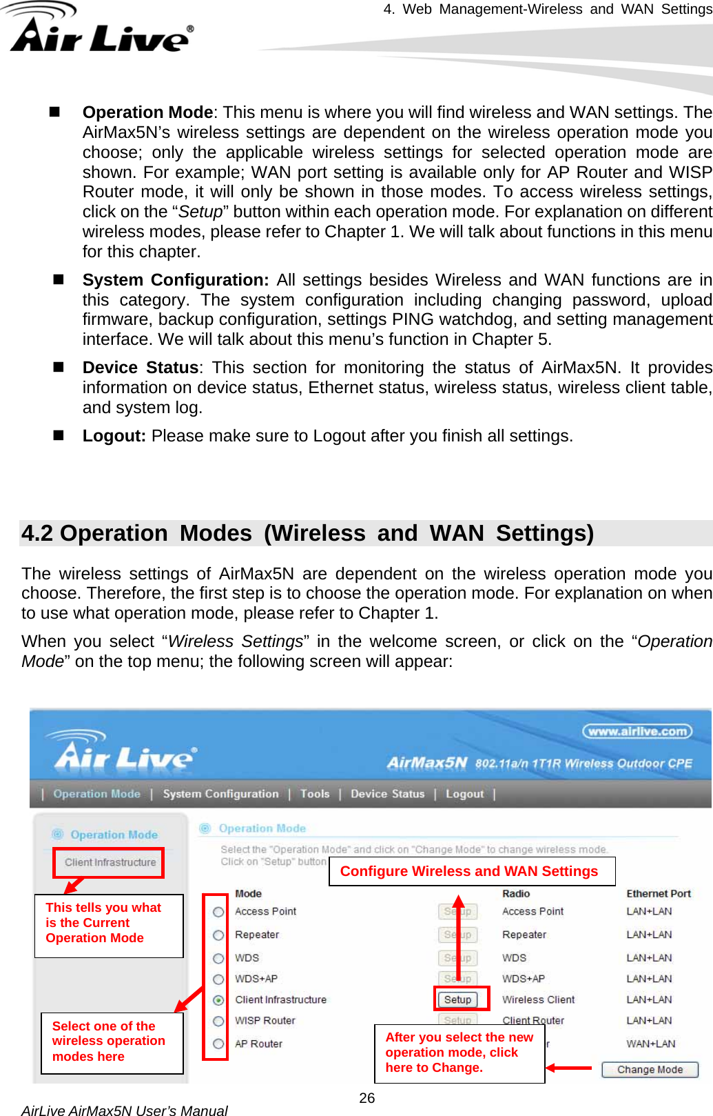 4. Web Management-Wireless and WAN Settings   AirLive AirMax5N User’s Manual  26 Operation Mode: This menu is where you will find wireless and WAN settings. The AirMax5N’s wireless settings are dependent on the wireless operation mode you choose; only the applicable wireless settings for selected operation mode are shown. For example; WAN port setting is available only for AP Router and WISP Router mode, it will only be shown in those modes. To access wireless settings, click on the “Setup” button within each operation mode. For explanation on different wireless modes, please refer to Chapter 1. We will talk about functions in this menu for this chapter.  System Configuration: All settings besides Wireless and WAN functions are in this category. The system configuration including changing password, upload firmware, backup configuration, settings PING watchdog, and setting management interface. We will talk about this menu’s function in Chapter 5.  Device Status: This section for monitoring the status of AirMax5N. It provides information on device status, Ethernet status, wireless status, wireless client table, and system log.    Logout: Please make sure to Logout after you finish all settings.   4.2 Operation Modes (Wireless and WAN Settings) The wireless settings of AirMax5N are dependent on the wireless operation mode you choose. Therefore, the first step is to choose the operation mode. For explanation on when to use what operation mode, please refer to Chapter 1.   When you select “Wireless Settings” in the welcome screen, or click on the “Operation Mode” on the top menu; the following screen will appear:  Configure Wireless and WAN Settings    This tells you what is the Current Operation Mode Select one of the wireless operation modes here After you select the new operation mode, click here to Change. 
