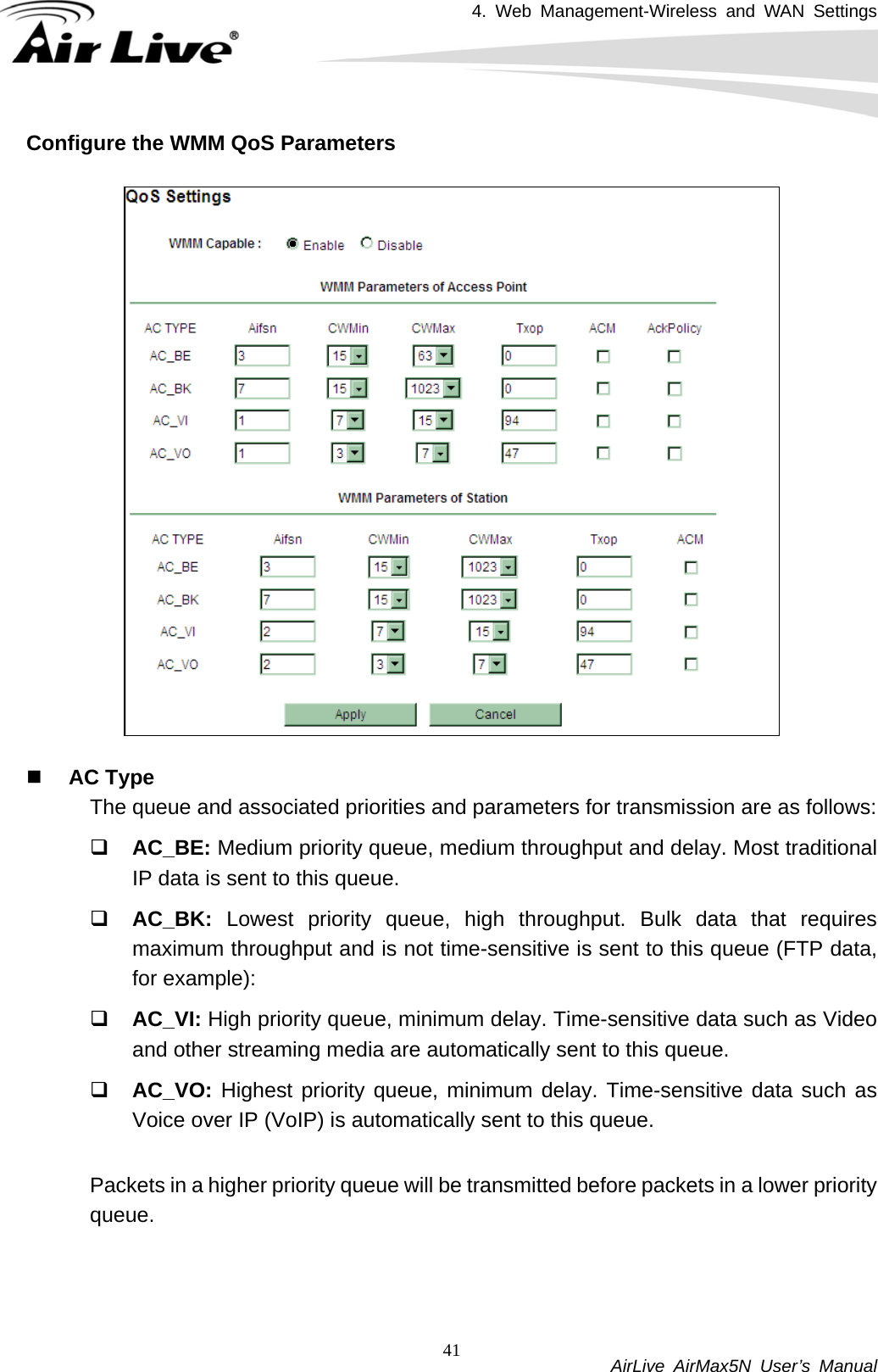 4. Web Management-Wireless and WAN Settings           AirLive AirMax5N User’s Manual 41Configure the WMM QoS Parameters     AC Type The queue and associated priorities and parameters for transmission are as follows:  AC_BE: Medium priority queue, medium throughput and delay. Most traditional IP data is sent to this queue.  AC_BK:  Lowest priority queue, high throughput. Bulk data that requires maximum throughput and is not time-sensitive is sent to this queue (FTP data, for example):  AC_VI: High priority queue, minimum delay. Time-sensitive data such as Video and other streaming media are automatically sent to this queue.  AC_VO: Highest priority queue, minimum delay. Time-sensitive data such as Voice over IP (VoIP) is automatically sent to this queue.  Packets in a higher priority queue will be transmitted before packets in a lower priority queue.     