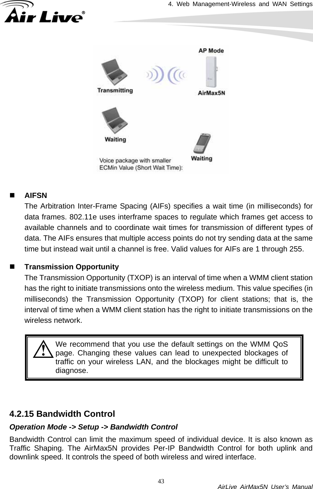 4. Web Management-Wireless and WAN Settings           AirLive AirMax5N User’s Manual 43    AIFSN The Arbitration Inter-Frame Spacing (AIFs) specifies a wait time (in milliseconds) for data frames. 802.11e uses interframe spaces to regulate which frames get access to available channels and to coordinate wait times for transmission of different types of data. The AIFs ensures that multiple access points do not try sending data at the same time but instead wait until a channel is free. Valid values for AIFs are 1 through 255.   Transmission Opportunity The Transmission Opportunity (TXOP) is an interval of time when a WMM client station has the right to initiate transmissions onto the wireless medium. This value specifies (in milliseconds) the Transmission Opportunity (TXOP) for client stations; that is, the interval of time when a WMM client station has the right to initiate transmissions on the wireless network.   We recommend that you use the default settings on the WMM QoS page. Changing these values can lead to unexpected blockages of traffic on your wireless LAN, and the blockages might be difficult to diagnose.    4.2.15 Bandwidth Control Operation Mode -&gt; Setup -&gt; Bandwidth Control Bandwidth Control can limit the maximum speed of individual device. It is also known as Traffic Shaping. The AirMax5N provides Per-IP Bandwidth Control for both uplink and downlink speed. It controls the speed of both wireless and wired interface.  