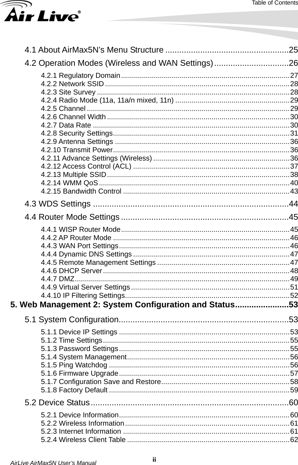 Table of Contents  AirLive AirMax5N User’s Manual  ii4.1 About AirMax5N’s Menu Structure .....................................................25 4.2 Operation Modes (Wireless and WAN Settings)................................26 4.2.1 Regulatory Domain....................................................................................27 4.2.2 Network SSID............................................................................................28 4.2.3 Site Survey ................................................................................................28 4.2.4 Radio Mode (11a, 11a/n mixed, 11n) .........................................................29 4.2.5 Channel .....................................................................................................29 4.2.6 Channel Width...........................................................................................30 4.2.7 Data Rate ..................................................................................................30 4.2.8 Security Settings........................................................................................31 4.2.9 Antenna Settings .......................................................................................36 4.2.10 Transmit Power........................................................................................36 4.2.11 Advance Settings (Wireless) ....................................................................36 4.2.12 Access Control (ACL) ..............................................................................37 4.2.13 Multiple SSID...........................................................................................38 4.2.14 WMM QoS...............................................................................................40 4.2.15 Bandwidth Control ...................................................................................43 4.3 WDS Settings ....................................................................................44 4.4 Router Mode Settings ........................................................................45 4.4.1 WISP Router Mode....................................................................................45 4.4.2 AP Router Mode ........................................................................................46 4.4.3 WAN Port Settings.....................................................................................46 4.4.4 Dynamic DNS Settings ..............................................................................47 4.4.5 Remote Management Settings ..................................................................47 4.4.6 DHCP Server.............................................................................................48 4.4.7 DMZ...........................................................................................................49 4.4.9 Virtual Server Settings...............................................................................51 4.4.10 IP Filtering Settings..................................................................................52 5. Web Management 2: System Configuration and Status.......................53 5.1 System Configuration.........................................................................53 5.1.1 Device IP Settings .....................................................................................53 5.1.2 Time Settings.............................................................................................55 5.1.3 Password Settings.....................................................................................55 5.1.4 System Management.................................................................................56 5.1.5 Ping Watchdog ..........................................................................................56 5.1.6 Firmware Upgrade.....................................................................................57 5.1.7 Configuration Save and Restore................................................................58 5.1.8 Factory Default ..........................................................................................59 5.2 Device Status.....................................................................................60 5.2.1 Device Information.....................................................................................60 5.2.2 Wireless Information..................................................................................61 5.2.3 Internet Information ...................................................................................61 5.2.4 Wireless Client Table .................................................................................62 