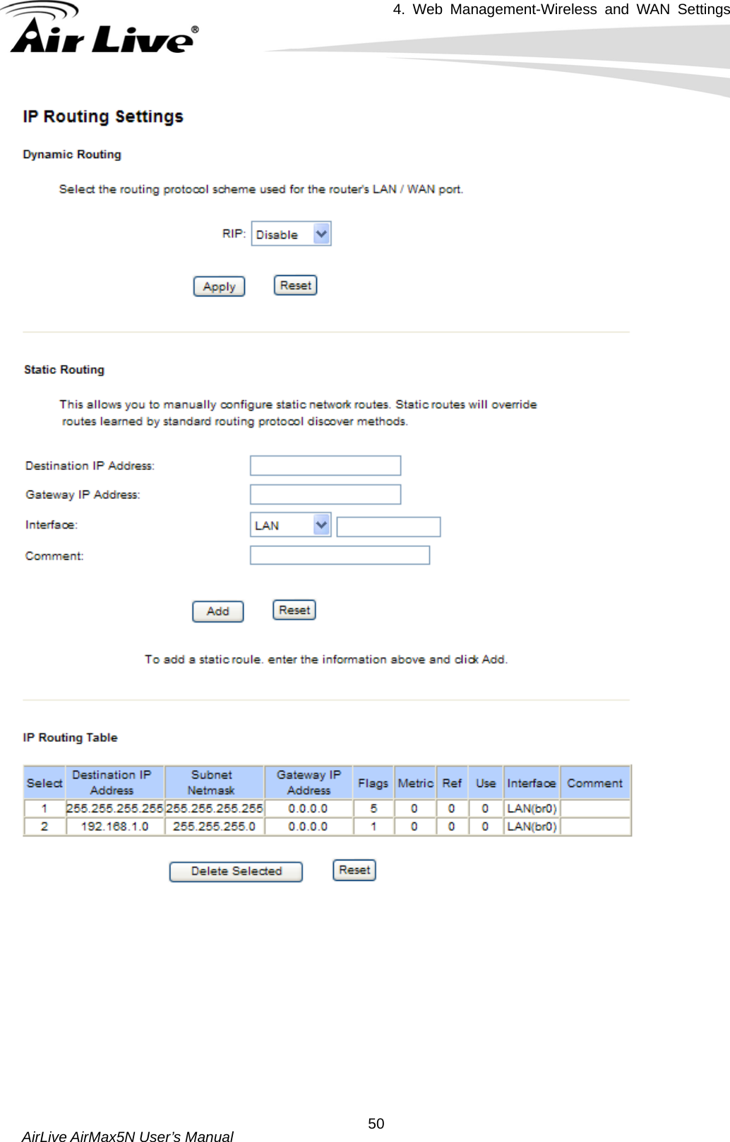 4. Web Management-Wireless and WAN Settings   AirLive AirMax5N User’s Manual  50          