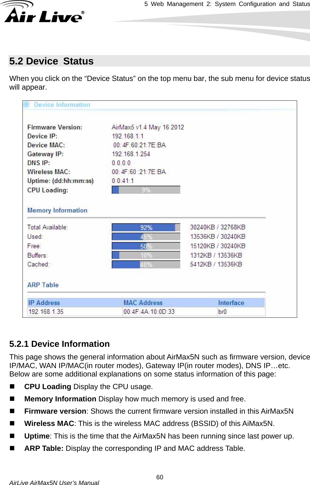 5 Web Management 2: System Configuration and Status   AirLive AirMax5N User’s Manual  605.2 Device  Status When you click on the “Device Status” on the top menu bar, the sub menu for device status will appear.       5.2.1 Device Information This page shows the general information about AirMax5N such as firmware version, device IP/MAC, WAN IP/MAC(in router modes), Gateway IP(in router modes), DNS IP…etc. Below are some additional explanations on some status information of this page:  CPU Loading Display the CPU usage.    Memory Information Display how much memory is used and free.  Firmware version: Shows the current firmware version installed in this AirMax5N  Wireless MAC: This is the wireless MAC address (BSSID) of this AiMax5N.    Uptime: This is the time that the AirMax5N has been running since last power up.  ARP Table: Display the corresponding IP and MAC address Table.  