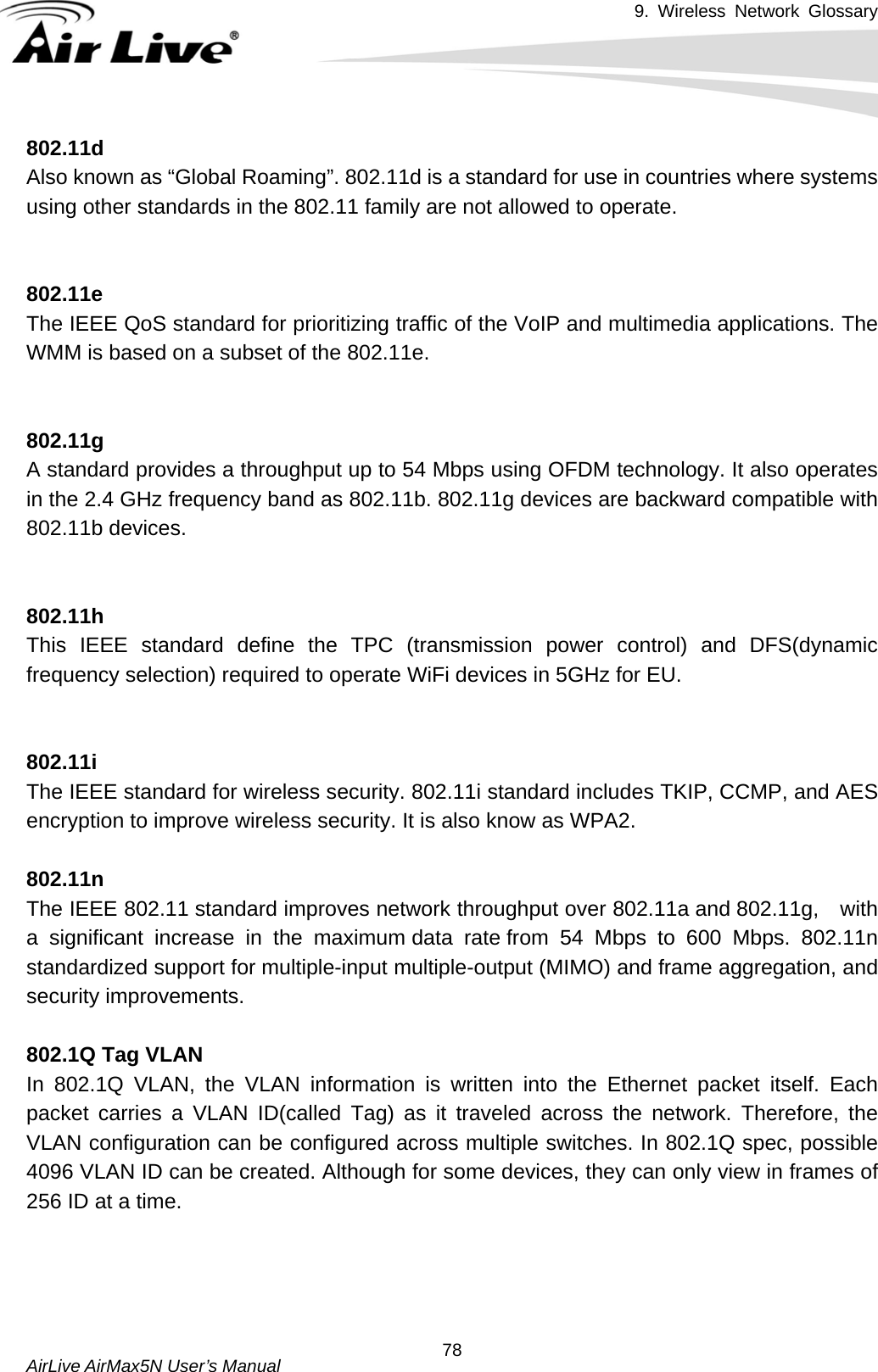 9. Wireless Network Glossary       AirLive AirMax5N User’s Manual  78802.11d Also known as “Global Roaming”. 802.11d is a standard for use in countries where systems using other standards in the 802.11 family are not allowed to operate.   802.11e The IEEE QoS standard for prioritizing traffic of the VoIP and multimedia applications. The WMM is based on a subset of the 802.11e.   802.11gA standard provides a throughput up to 54 Mbps using OFDM technology. It also operates in the 2.4 GHz frequency band as 802.11b. 802.11g devices are backward compatible with 802.11b devices.   802.11h This IEEE standard define the TPC (transmission power control) and DFS(dynamic frequency selection) required to operate WiFi devices in 5GHz for EU.   802.11i The IEEE standard for wireless security. 802.11i standard includes TKIP, CCMP, and AES encryption to improve wireless security. It is also know as WPA2.  802.11n The IEEE 802.11 standard improves network throughput over 802.11a and 802.11g,  with a significant increase in the maximum data rate from 54 Mbps to 600 Mbps. 802.11n standardized support for multiple-input multiple-output (MIMO) and frame aggregation, and security improvements.  802.1Q Tag VLANIn 802.1Q VLAN, the VLAN information is written into the Ethernet packet itself. Each packet carries a VLAN ID(called Tag) as it traveled across the network. Therefore, the VLAN configuration can be configured across multiple switches. In 802.1Q spec, possible 4096 VLAN ID can be created. Although for some devices, they can only view in frames of 256 ID at a time.     