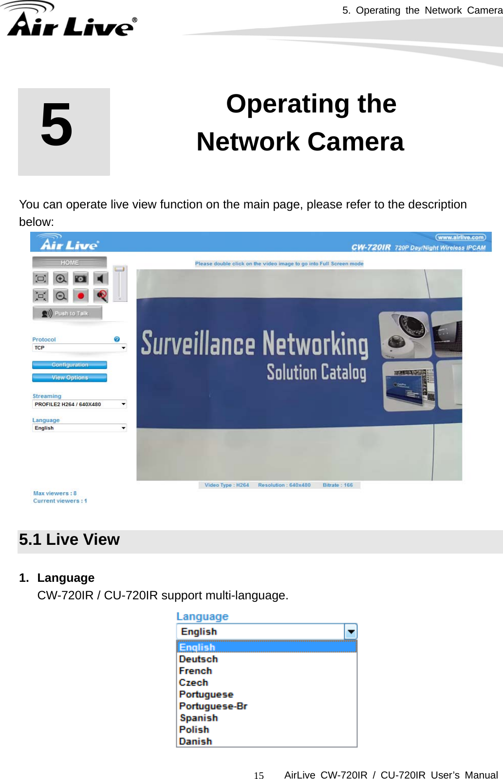 5. Operating the Network Camera      AirLive CW-720IR / CU-720IR User’s Manual 15       You can operate live view function on the main page, please refer to the description below:    5.1 Live View  1. Language CW-720IR / CU-720IR support multi-language.  5   5. Operating the Network Camera 