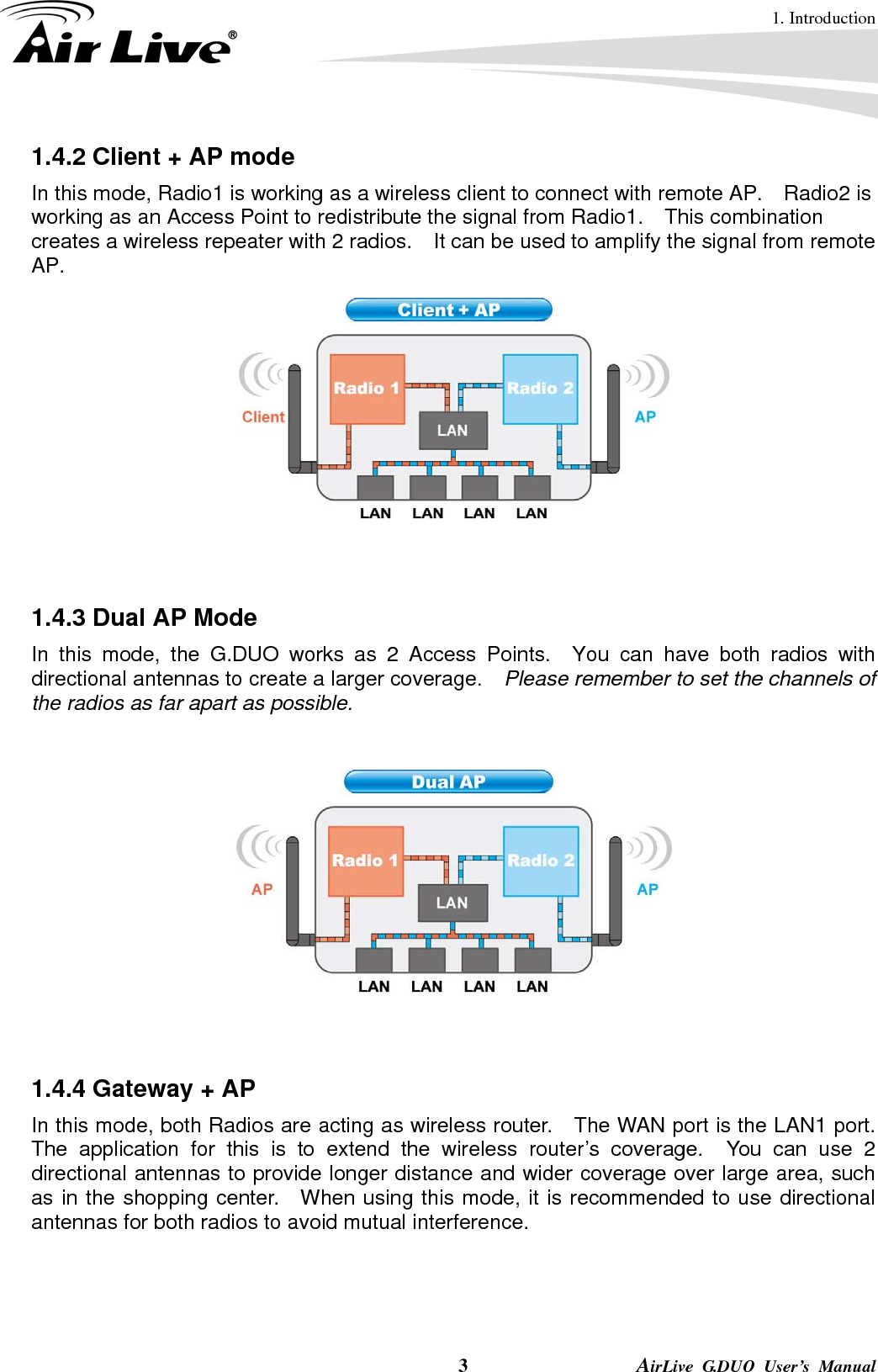 1. Introduction  3                AirLive G.DUO User’s Manual 1.4.2 Client + AP mode In this mode, Radio1 is working as a wireless client to connect with remote AP.    Radio2 is working as an Access Point to redistribute the signal from Radio1.    This combination creates a wireless repeater with 2 radios.    It can be used to amplify the signal from remote AP.     1.4.3 Dual AP Mode   In this mode, the G.DUO works as 2 Access Points.  You can have both radios with directional antennas to create a larger coverage.    Please remember to set the channels of the radios as far apart as possible.     1.4.4 Gateway + AP In this mode, both Radios are acting as wireless router.    The WAN port is the LAN1 port.   The application for this is to extend the wireless router’s coverage.  You can use 2 directional antennas to provide longer distance and wider coverage over large area, such as in the shopping center.  When using this mode, it is recommended to use directional antennas for both radios to avoid mutual interference.  