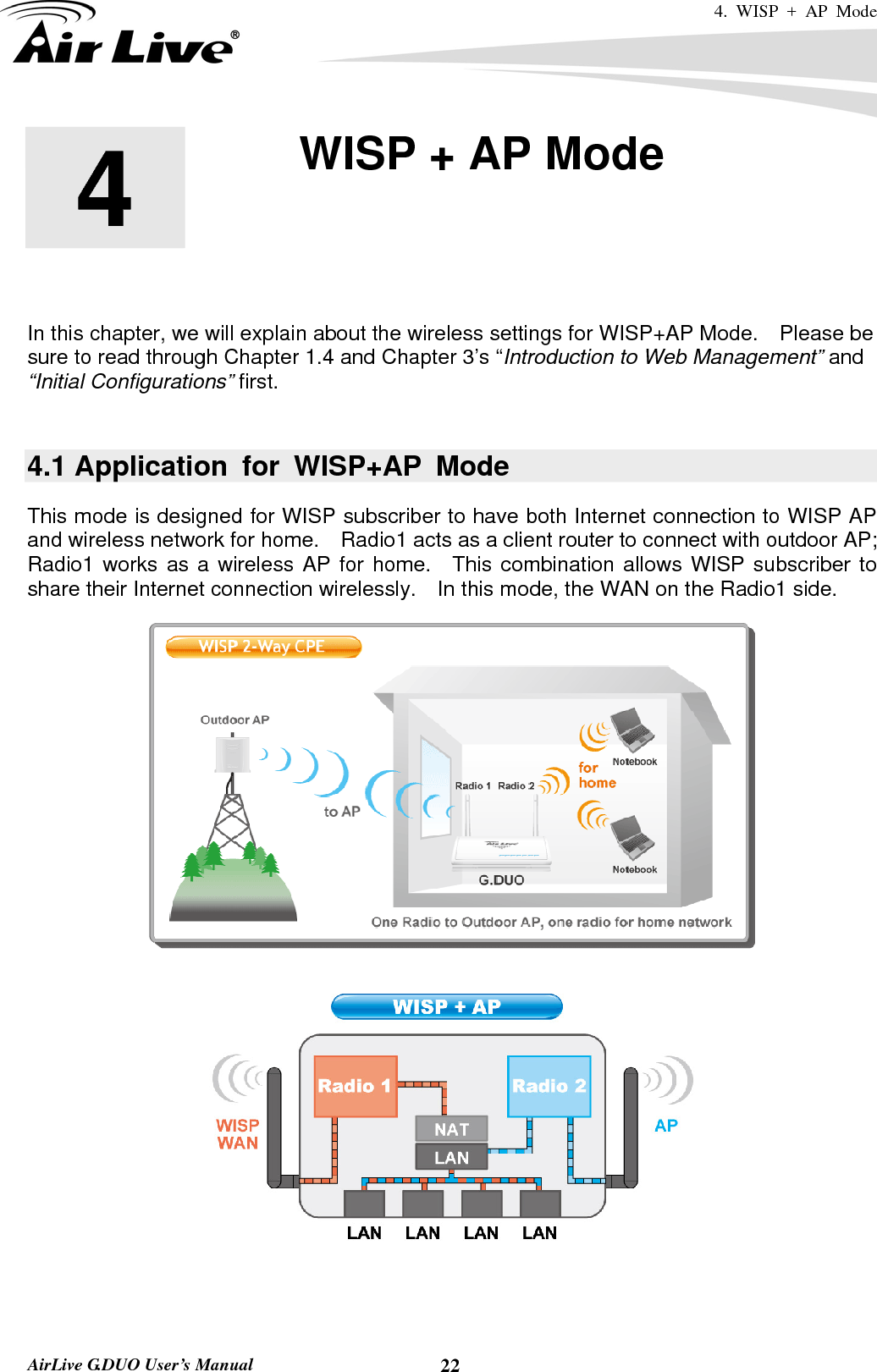 4. WISP + AP Mode   AirLive G.DUO User’s Manual  22        In this chapter, we will explain about the wireless settings for WISP+AP Mode.    Please be sure to read through Chapter 1.4 and Chapter 3’s “Introduction to Web Management” and “Initial Configurations” first.    4.1 Application for WISP+AP Mode This mode is designed for WISP subscriber to have both Internet connection to WISP AP and wireless network for home.    Radio1 acts as a client router to connect with outdoor AP; Radio1 works as a wireless AP for home.  This combination allows WISP subscriber to share their Internet connection wirelessly.    In this mode, the WAN on the Radio1 side.      4  4. WISP + AP Mode  
