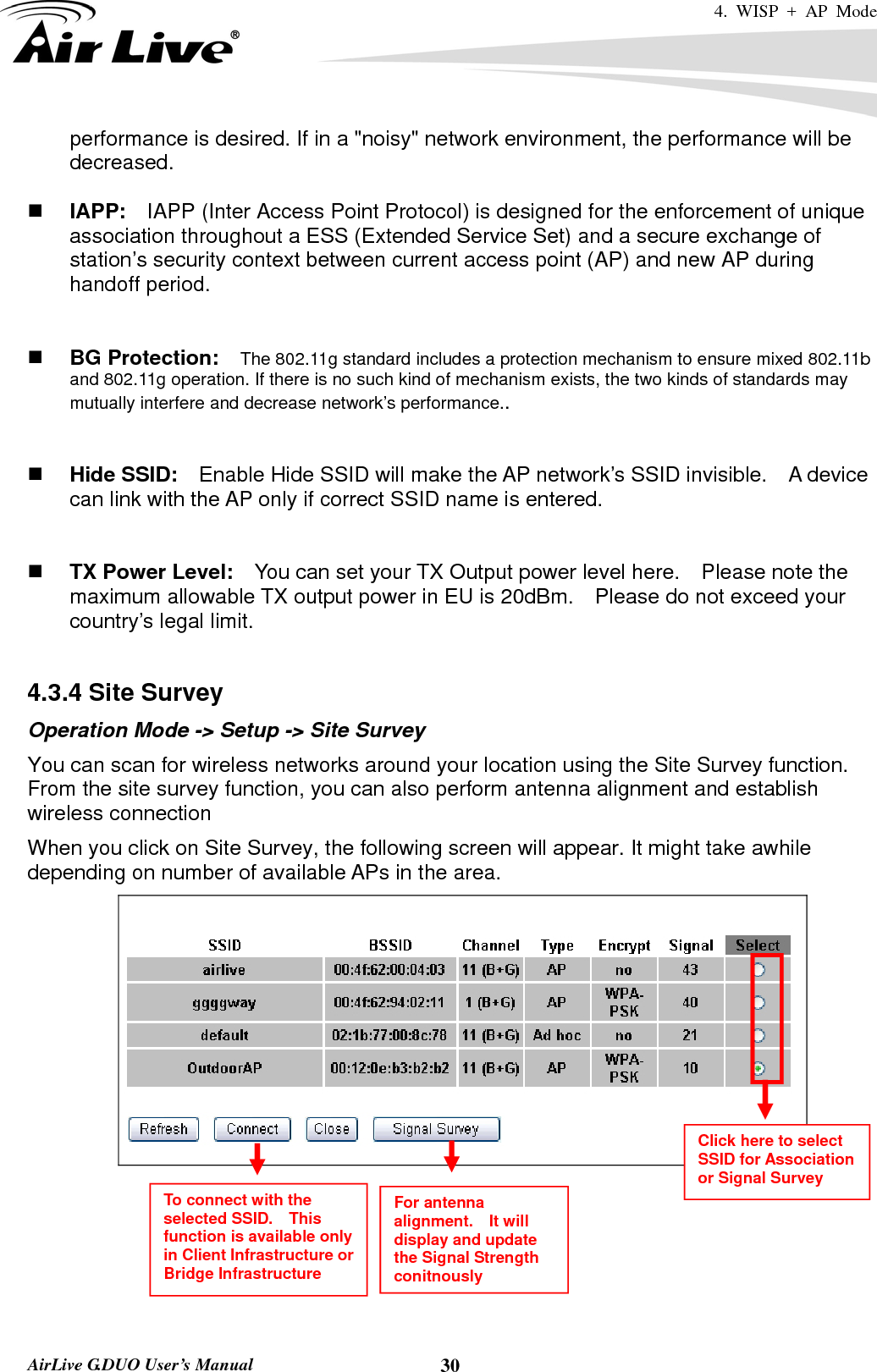 4. WISP + AP Mode   AirLive G.DUO User’s Manual  30performance is desired. If in a &quot;noisy&quot; network environment, the performance will be decreased.   IAPP:    IAPP (Inter Access Point Protocol) is designed for the enforcement of unique association throughout a ESS (Extended Service Set) and a secure exchange of station’s security context between current access point (AP) and new AP during handoff period.    BG Protection:    The 802.11g standard includes a protection mechanism to ensure mixed 802.11b and 802.11g operation. If there is no such kind of mechanism exists, the two kinds of standards may mutually interfere and decrease network’s performance..    Hide SSID:    Enable Hide SSID will make the AP network’s SSID invisible.    A device can link with the AP only if correct SSID name is entered.    TX Power Level:    You can set your TX Output power level here.    Please note the maximum allowable TX output power in EU is 20dBm.    Please do not exceed your country’s legal limit.  4.3.4 Site Survey Operation Mode -&gt; Setup -&gt; Site Survey You can scan for wireless networks around your location using the Site Survey function.   From the site survey function, you can also perform antenna alignment and establish wireless connection When you click on Site Survey, the following screen will appear. It might take awhile depending on number of available APs in the area. d     Click here to select SSID for Association or Signal Survey To connect with the selected SSID.  This function is available only in Client Infrastructure or Bridge Infrastructure For antenna alignment.  It will display and update the Signal Strength conitnously 