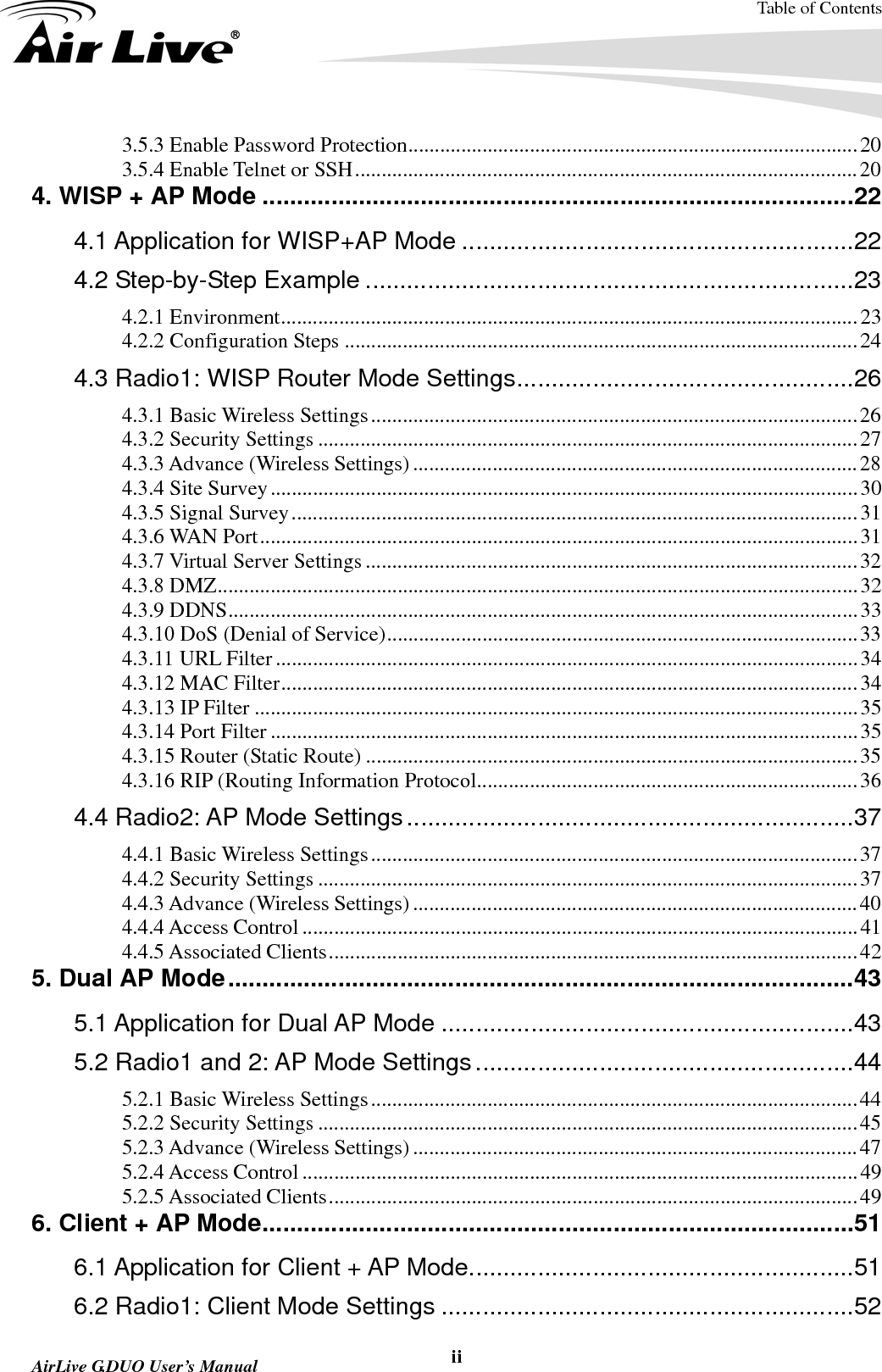 Table of Contents  AirLive G.DUO User’s Manual  ii3.5.3 Enable Password Protection ..................................................................................... 20 3.5.4 Enable Telnet or SSH ............................................................................................... 20 4. WISP + AP Mode ...................................................................................... 22 4.1 Application for WISP+AP Mode ......................................................... 22 4.2 Step-by-Step Example ....................................................................... 23 4.2.1 Environment ............................................................................................................. 23 4.2.2 Configuration Steps ................................................................................................. 24 4.3 Radio1: WISP Router Mode Settings ................................................. 26 4.3.1 Basic Wireless Settings ............................................................................................ 26 4.3.2 Security Settings ...................................................................................................... 27 4.3.3 Advance (Wireless Settings) .................................................................................... 28 4.3.4 Site Survey ............................................................................................................... 30 4.3.5 Signal Survey ........................................................................................................... 31 4.3.6 WAN Port ................................................................................................................. 31 4.3.7 Virtual Server Settings ............................................................................................. 32 4.3.8 DMZ ......................................................................................................................... 32 4.3.9 DDNS ....................................................................................................................... 33 4.3.10 DoS (Denial of Service) ......................................................................................... 33 4.3.11 URL Filter .............................................................................................................. 34 4.3.12 MAC Filter ............................................................................................................. 34 4.3.13 IP Filter .................................................................................................................. 35 4.3.14 Port Filter ............................................................................................................... 35 4.3.15 Router (Static Route) ............................................................................................. 35 4.3.16 RIP (Routing Information Protocol ........................................................................ 36 4.4 Radio2: AP Mode Settings ................................................................. 37 4.4.1 Basic Wireless Settings ............................................................................................ 37 4.4.2 Security Settings ...................................................................................................... 37 4.4.3 Advance (Wireless Settings) .................................................................................... 40 4.4.4 Access Control ......................................................................................................... 41 4.4.5 Associated Clients .................................................................................................... 42 5. Dual AP Mode ........................................................................................... 43 5.1 Application for Dual AP Mode ............................................................ 43 5.2 Radio1 and 2: AP Mode Settings ....................................................... 44 5.2.1 Basic Wireless Settings ............................................................................................ 44 5.2.2 Security Settings ...................................................................................................... 45 5.2.3 Advance (Wireless Settings) .................................................................................... 47 5.2.4 Access Control ......................................................................................................... 49 5.2.5 Associated Clients .................................................................................................... 49 6. Client + AP Mode ...................................................................................... 51 6.1 Application for Client + AP Mode........................................................ 51 6.2 Radio1: Client Mode Settings ............................................................ 52 