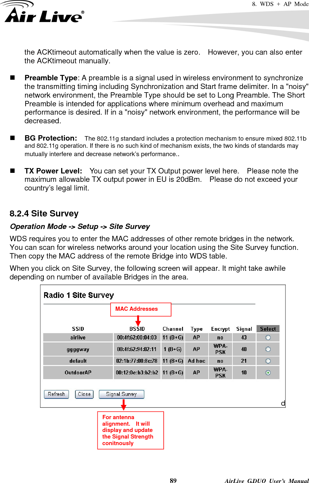 8. WDS + AP Mode    89              AirLive G.DUO User’s Manual the ACKtimeout automatically when the value is zero.    However, you can also enter the ACKtimeout manually.   Preamble Type: A preamble is a signal used in wireless environment to synchronize the transmitting timing including Synchronization and Start frame delimiter. In a &quot;noisy&quot; network environment, the Preamble Type should be set to Long Preamble. The Short Preamble is intended for applications where minimum overhead and maximum performance is desired. If in a &quot;noisy&quot; network environment, the performance will be decreased.   BG Protection:    The 802.11g standard includes a protection mechanism to ensure mixed 802.11b and 802.11g operation. If there is no such kind of mechanism exists, the two kinds of standards may mutually interfere and decrease network’s performance..   TX Power Level:    You can set your TX Output power level here.    Please note the maximum allowable TX output power in EU is 20dBm.    Please do not exceed your country’s legal limit.  8.2.4 Site Survey Operation Mode -&gt; Setup -&gt; Site Survey WDS requires you to enter the MAC addresses of other remote bridges in the network.   You can scan for wireless networks around your location using the Site Survey function.   Then copy the MAC address of the remote Bridge into WDS table. When you click on Site Survey, the following screen will appear. It might take awhile depending on number of available Bridges in the area. d     MAC Addresses For antenna alignment.  It will display and update the Signal Strength conitnously 