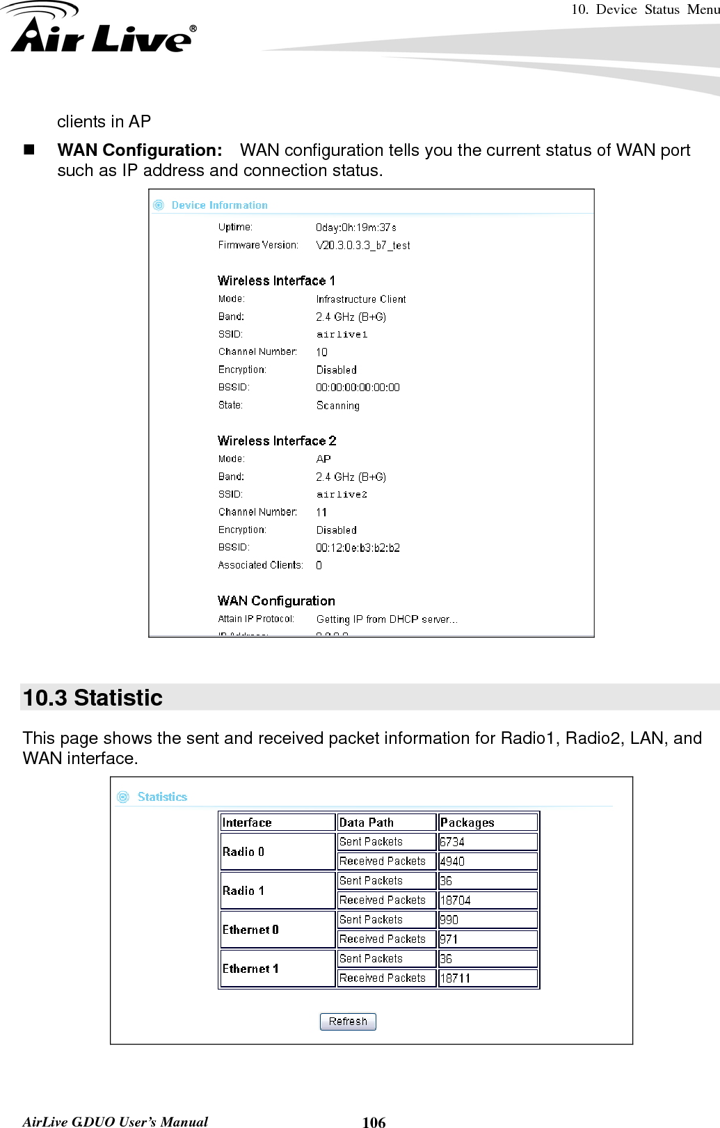 10. Device Status Menu    AirLive G.DUO User’s Manual  106clients in AP  WAN Configuration:    WAN configuration tells you the current status of WAN port such as IP address and connection status.   10.3 Statistic This page shows the sent and received packet information for Radio1, Radio2, LAN, and WAN interface.      