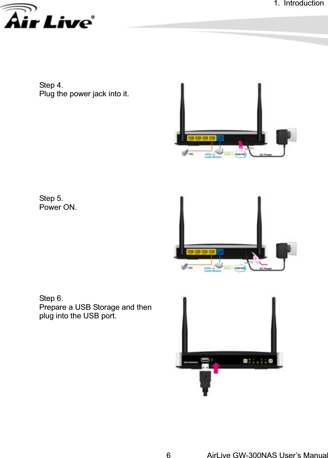 1. IntroductionAirLive GW-300NAS User’s Manual6Step 4.   Plug the power jack into it.   Step 5. Power ON. Step 6. Prepare a USB Storage and then   plug into the USB port. 