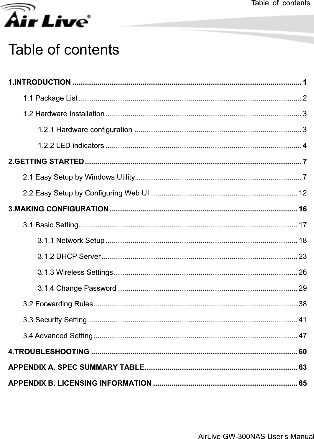 Table of contents AirLive GW-300NAS User’s ManualTable of contents 1.INTRODUCTION ............................................................................................................... 1 1.1 Package List ............................................................................................................ 2 1.2 Hardware Installation ............................................................................................... 3 1.2.1 Hardware configuration ................................................................................. 3 1.2.2 LED indicators ............................................................................................... 4 2.GETTING STARTED......................................................................................................... 7 2.1 Easy Setup by Windows Utility ................................................................................ 7 2.2 Easy Setup by Configuring Web UI ....................................................................... 12 3.MAKING CONFIGURATION ........................................................................................... 16 3.1 Basic Setting.......................................................................................................... 17 3.1.1 Network Setup ............................................................................................. 18 3.1.2 DHCP Server............................................................................................... 23 3.1.3 Wireless Settings......................................................................................... 26 3.1.4 Change Password ....................................................................................... 29 3.2 Forwarding Rules................................................................................................... 38 3.3 Security Setting...................................................................................................... 41 3.4 Advanced Setting................................................................................................... 47 4.TROUBLESHOOTING .................................................................................................... 60 APPENDIX A. SPEC SUMMARY TABLE.......................................................................... 63 APPENDIX B. LICENSING INFORMATION ...................................................................... 65 