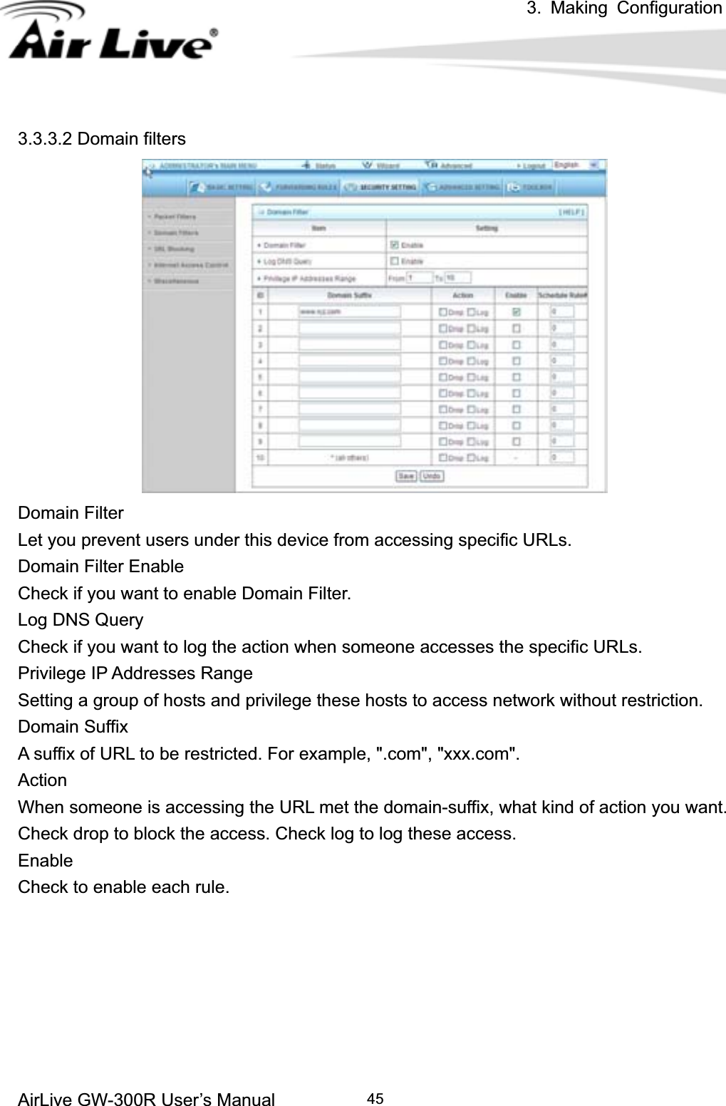 3. Making ConfigurationAirLive GW-300R User’s Manual 453.3.3.2 Domain filters Domain Filter   Let you prevent users under this device from accessing specific URLs.   Domain Filter Enable Check if you want to enable Domain Filter.   Log DNS Query Check if you want to log the action when someone accesses the specific URLs.   Privilege IP Addresses Range Setting a group of hosts and privilege these hosts to access network without restriction.   Domain Suffix A suffix of URL to be restricted. For example, &quot;.com&quot;, &quot;xxx.com&quot;.   ActionWhen someone is accessing the URL met the domain-suffix, what kind of action you want. Check drop to block the access. Check log to log these access.   EnableCheck to enable each rule.   