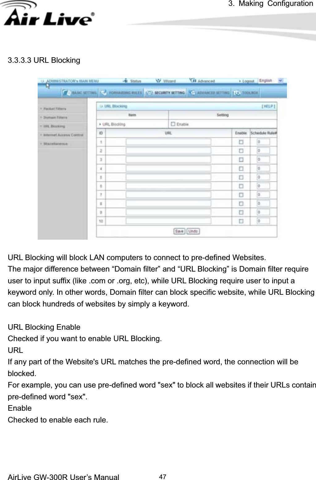 3. Making ConfigurationAirLive GW-300R User’s Manual 473.3.3.3 URL Blocking URL Blocking will block LAN computers to connect to pre-defined Websites. The major difference between “Domain filter” and “URL Blocking” is Domain filter require user to input suffix (like .com or .org, etc), while URL Blocking require user to input a keyword only. In other words, Domain filter can block specific website, while URL Blocking can block hundreds of websites by simply a keyword. URL Blocking Enable Checked if you want to enable URL Blocking.   URLIf any part of the Website&apos;s URL matches the pre-defined word, the connection will be blocked.For example, you can use pre-defined word &quot;sex&quot; to block all websites if their URLs contain pre-defined word &quot;sex&quot;.   EnableChecked to enable each rule. 