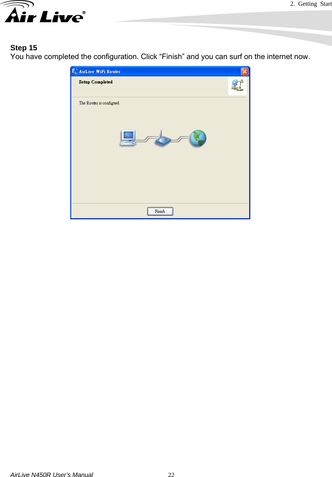 2. Getting Start     AirLive N450R User’s Manual   22Step 15 You have completed the configuration. Click “Finish” and you can surf on the internet now.                           