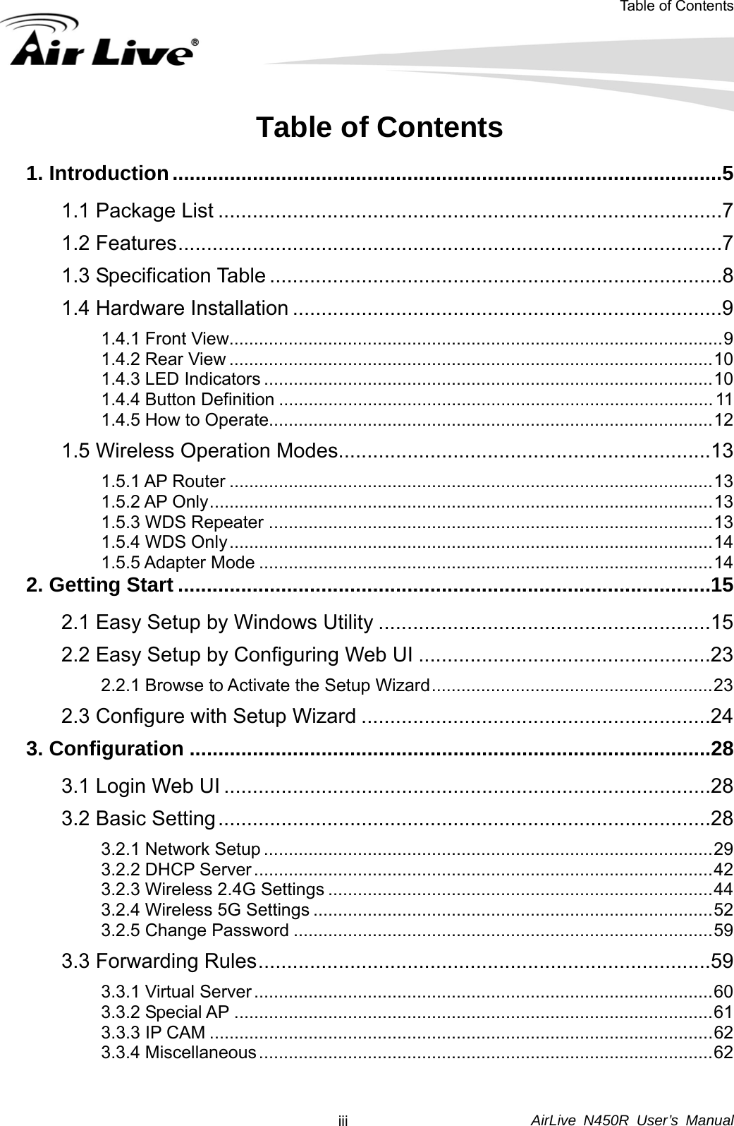 Table of Contents  AirLive N450R User’s Manual  iiiTable of Contents 1. Introduction................................................................................................5 1.1 Package List ........................................................................................7 1.2 Features...............................................................................................7 1.3 Specification Table ...............................................................................8 1.4 Hardware Installation ...........................................................................9 1.4.1 Front View....................................................................................................9 1.4.2 Rear View ..................................................................................................10 1.4.3 LED Indicators ...........................................................................................10 1.4.4 Button Definition ........................................................................................ 11 1.4.5 How to Operate..........................................................................................12 1.5 Wireless Operation Modes.................................................................13 1.5.1 AP Router ..................................................................................................13 1.5.2 AP Only......................................................................................................13 1.5.3 WDS Repeater ..........................................................................................13 1.5.4 WDS Only..................................................................................................14 1.5.5 Adapter Mode ............................................................................................14 2. Getting Start .............................................................................................15 2.1 Easy Setup by Windows Utility ..........................................................15 2.2 Easy Setup by Configuring Web UI ...................................................23 2.2.1 Browse to Activate the Setup Wizard.........................................................23 2.3 Configure with Setup Wizard .............................................................24 3. Configuration ...........................................................................................28 3.1 Login Web UI .....................................................................................28 3.2 Basic Setting......................................................................................28 3.2.1 Network Setup ...........................................................................................29 3.2.2 DHCP Server .............................................................................................42 3.2.3 Wireless 2.4G Settings ..............................................................................44 3.2.4 Wireless 5G Settings .................................................................................52 3.2.5 Change Password .....................................................................................59 3.3 Forwarding Rules...............................................................................59 3.3.1 Virtual Server .............................................................................................60 3.3.2 Special AP .................................................................................................61 3.3.3 IP CAM ......................................................................................................62 3.3.4 Miscellaneous............................................................................................62  