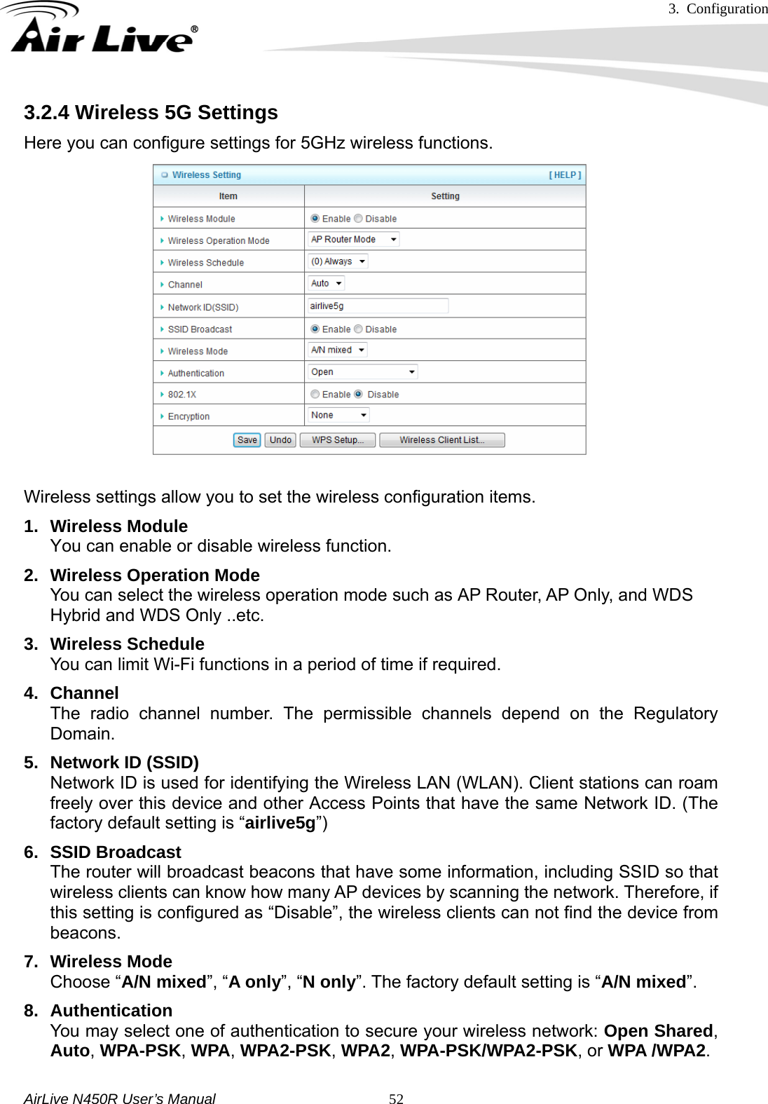 3. Configuration     AirLive N450R User’s Manual   523.2.4 Wireless 5G Settings Here you can configure settings for 5GHz wireless functions.  Wireless settings allow you to set the wireless configuration items. 1. Wireless Module You can enable or disable wireless function. 2.  Wireless Operation Mode You can select the wireless operation mode such as AP Router, AP Only, and WDS Hybrid and WDS Only ..etc. 3. Wireless Schedule You can limit Wi-Fi functions in a period of time if required. 4. Channel The radio channel number. The permissible channels depend on the Regulatory Domain.  5. Network ID (SSID) Network ID is used for identifying the Wireless LAN (WLAN). Client stations can roam freely over this device and other Access Points that have the same Network ID. (The factory default setting is “airlive5g”) 6. SSID Broadcast The router will broadcast beacons that have some information, including SSID so that wireless clients can know how many AP devices by scanning the network. Therefore, if this setting is configured as “Disable”, the wireless clients can not find the device from beacons. 7. Wireless Mode Choose “A/N mixed”, “A only”, “N only”. The factory default setting is “A/N mixed”. 8. Authentication  You may select one of authentication to secure your wireless network: Open Shared, Auto, WPA-PSK, WPA, WPA2-PSK, WPA2, WPA-PSK/WPA2-PSK, or WPA /WPA2.  