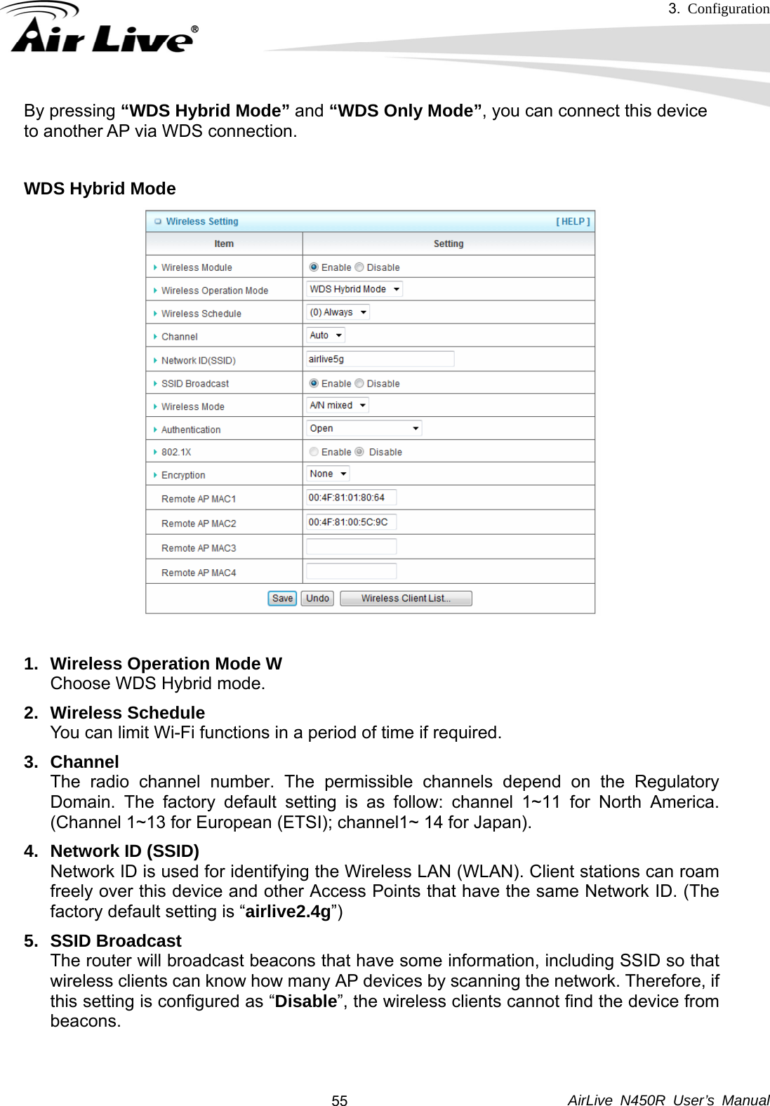 3.  Configuration     AirLive N450R User’s Manual  55By pressing “WDS Hybrid Mode” and “WDS Only Mode”, you can connect this device to another AP via WDS connection.  WDS Hybrid Mode  1.  Wireless Operation Mode W  Choose WDS Hybrid mode. 2. Wireless Schedule You can limit Wi-Fi functions in a period of time if required. 3. Channel The radio channel number. The permissible channels depend on the Regulatory Domain. The factory default setting is as follow: channel 1~11 for North America. (Channel 1~13 for European (ETSI); channel1~ 14 for Japan). 4. Network ID (SSID) Network ID is used for identifying the Wireless LAN (WLAN). Client stations can roam freely over this device and other Access Points that have the same Network ID. (The factory default setting is “airlive2.4g”) 5. SSID Broadcast The router will broadcast beacons that have some information, including SSID so that wireless clients can know how many AP devices by scanning the network. Therefore, if this setting is configured as “Disable”, the wireless clients cannot find the device from beacons.   