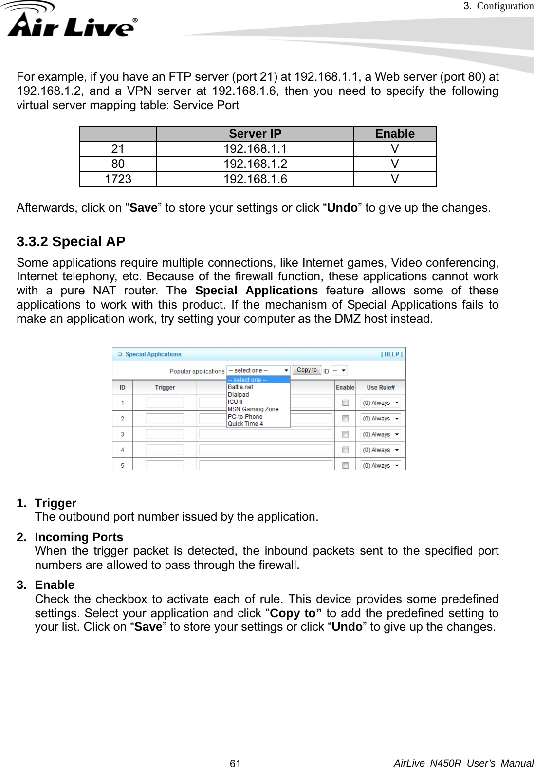 3.  Configuration     AirLive N450R User’s Manual  61For example, if you have an FTP server (port 21) at 192.168.1.1, a Web server (port 80) at 192.168.1.2, and a VPN server at 192.168.1.6, then you need to specify the following virtual server mapping table: Service Port   Server IP  Enable 21 192.168.1.1  V 80 192.168.1.2  V 1723 192.168.1.6  V  Afterwards, click on “Save” to store your settings or click “Undo” to give up the changes. 3.3.2 Special AP     Some applications require multiple connections, like Internet games, Video conferencing, Internet telephony, etc. Because of the firewall function, these applications cannot work with a pure NAT router. The Special Applications feature allows some of these applications to work with this product. If the mechanism of Special Applications fails to make an application work, try setting your computer as the DMZ host instead.  1. Trigger The outbound port number issued by the application. 2. Incoming Ports When the trigger packet is detected, the inbound packets sent to the specified port numbers are allowed to pass through the firewall. 3. Enable Check the checkbox to activate each of rule. This device provides some predefined settings. Select your application and click “Copy to” to add the predefined setting to your list. Click on “Save” to store your settings or click “Undo” to give up the changes.     