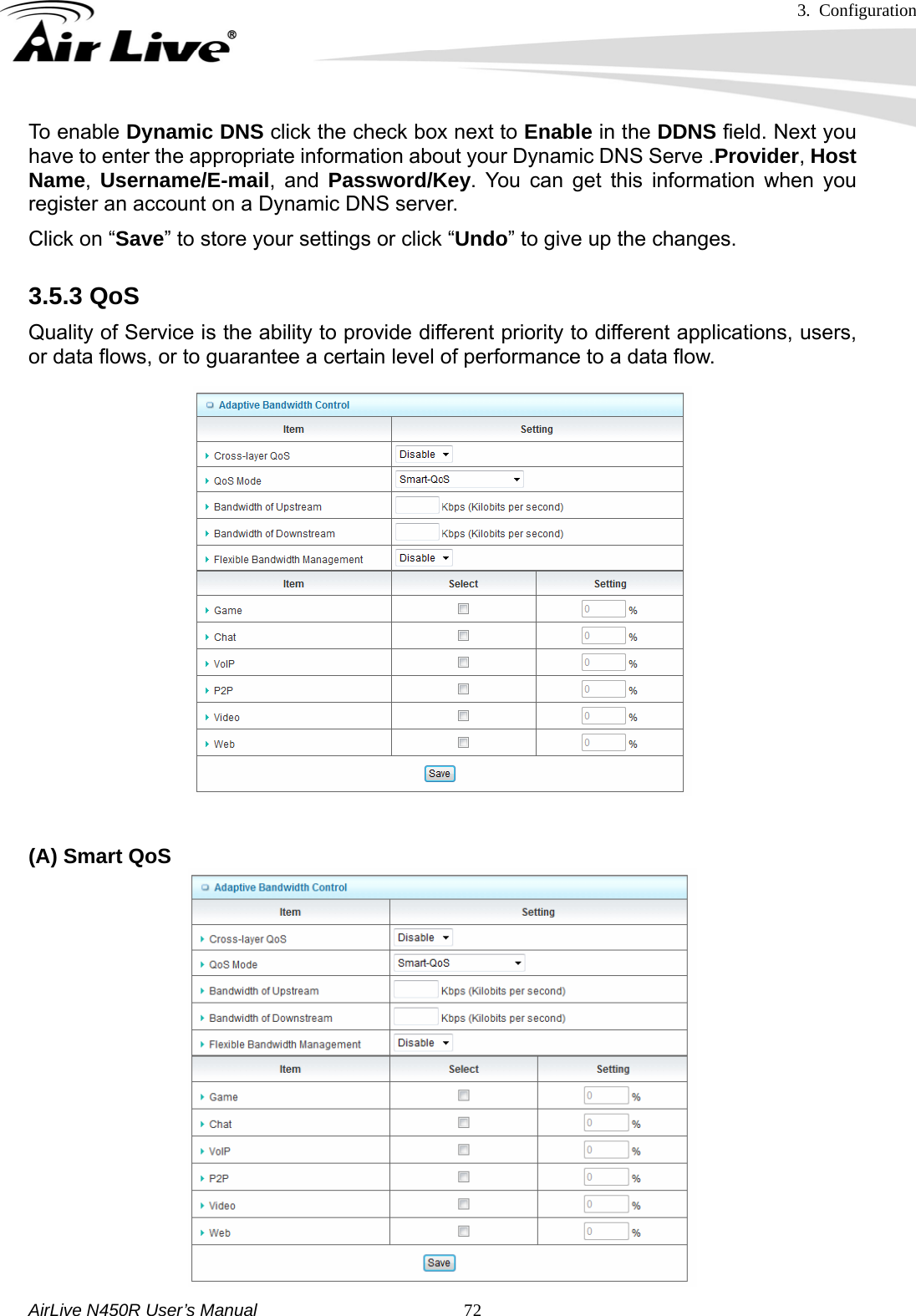 3. Configuration     AirLive N450R User’s Manual   72To enable Dynamic DNS click the check box next to Enable in the DDNS field. Next you have to enter the appropriate information about your Dynamic DNS Serve .Provider, Host Name,  Username/E-mail, and Password/Key. You can get this information when you register an account on a Dynamic DNS server. Click on “Save” to store your settings or click “Undo” to give up the changes. 3.5.3 QoS Quality of Service is the ability to provide different priority to different applications, users, or data flows, or to guarantee a certain level of performance to a data flow.   (A) Smart QoS 