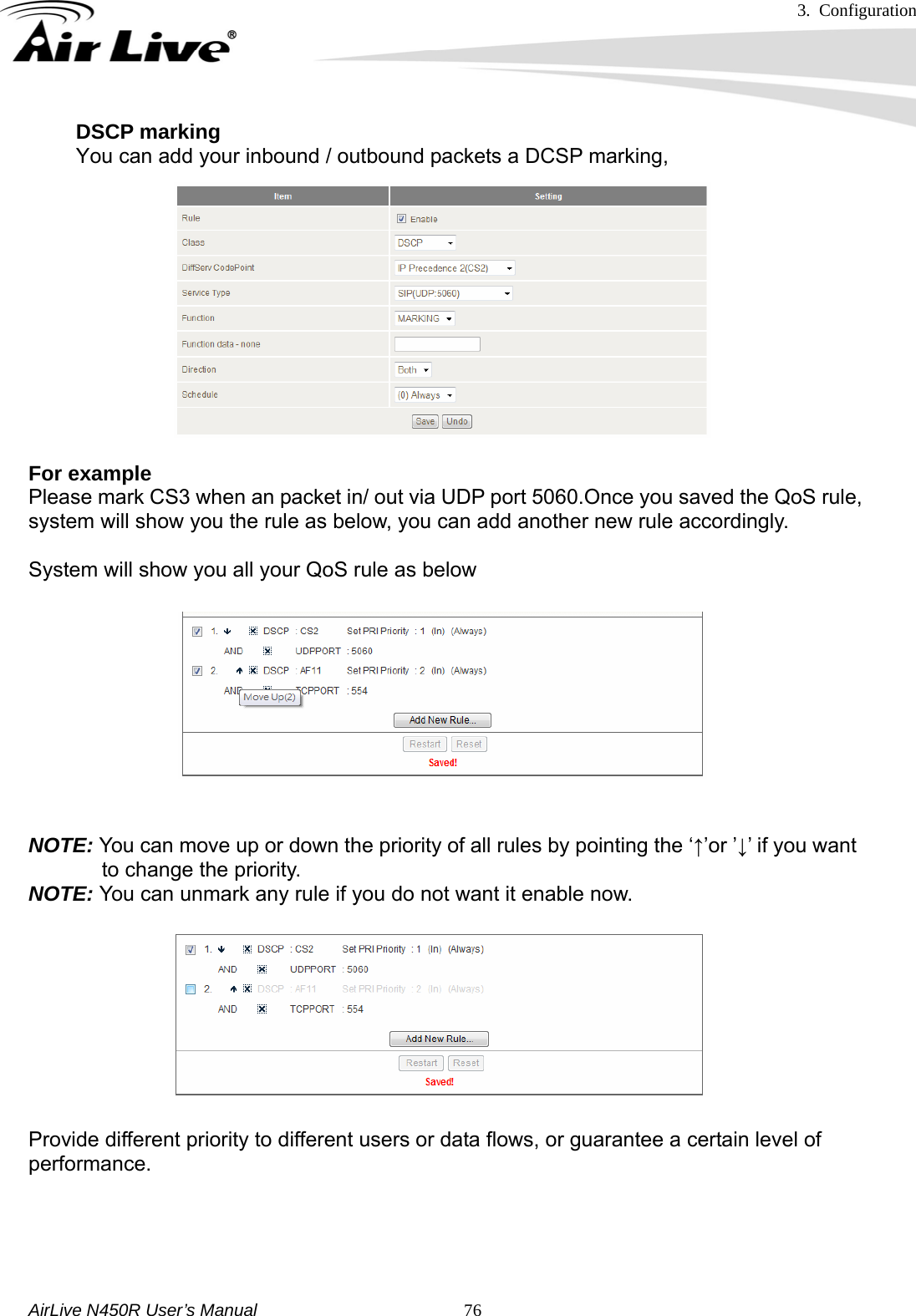 3. Configuration     AirLive N450R User’s Manual   76DSCP marking   You can add your inbound / outbound packets a DCSP marking,    For example Please mark CS3 when an packet in/ out via UDP port 5060.Once you saved the QoS rule, system will show you the rule as below, you can add another new rule accordingly.  System will show you all your QoS rule as below  NOTE: You can move up or down the priority of all rules by pointing the ‘↑’or ’↓’ if you want to change the priority. NOTE: You can unmark any rule if you do not want it enable now.  Provide different priority to different users or data flows, or guarantee a certain level of performance.   