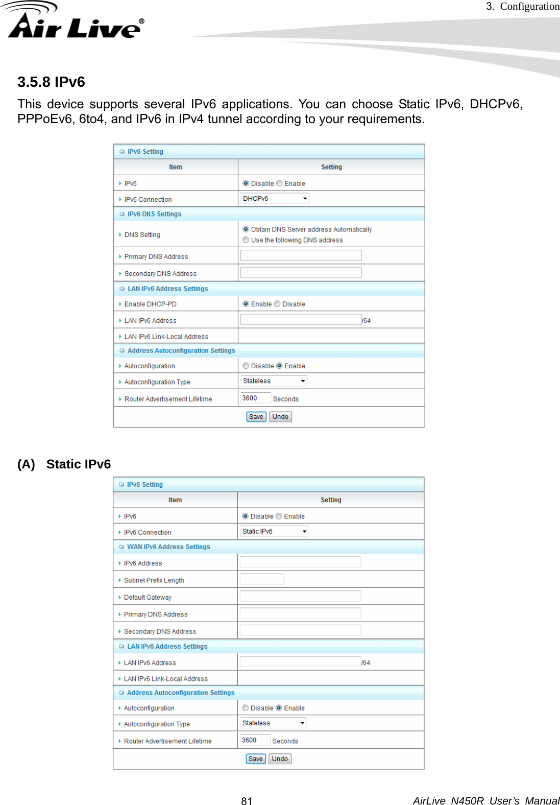 3.  Configuration     AirLive N450R User’s Manual  813.5.8 IPv6 This device supports several IPv6 applications. You can choose Static IPv6, DHCPv6, PPPoEv6, 6to4, and IPv6 in IPv4 tunnel according to your requirements.     (A) Static IPv6  