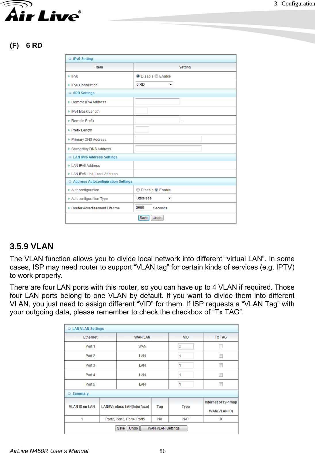 3. Configuration     AirLive N450R User’s Manual   86(F) 6 RD  3.5.9 VLAN The VLAN function allows you to divide local network into different “virtual LAN”. In some cases, ISP may need router to support “VLAN tag” for certain kinds of services (e.g. IPTV) to work properly. There are four LAN ports with this router, so you can have up to 4 VLAN if required. Those four LAN ports belong to one VLAN by default. If you want to divide them into different VLAN, you just need to assign different “VID” for them. If ISP requests a “VLAN Tag” with your outgoing data, please remember to check the checkbox of “Tx TAG”.            