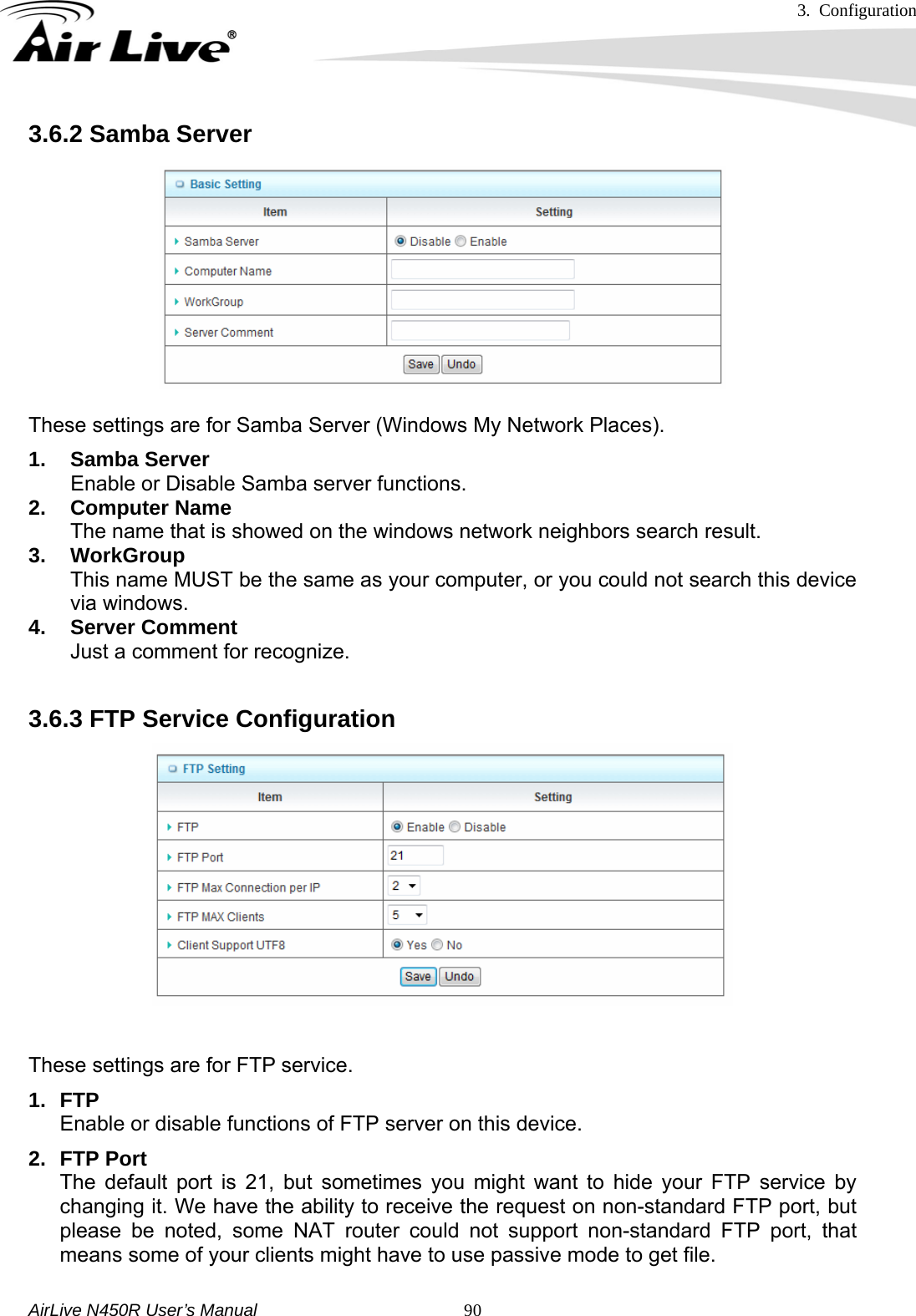 3. Configuration     AirLive N450R User’s Manual   903.6.2 Samba Server    These settings are for Samba Server (Windows My Network Places). 1. Samba Server Enable or Disable Samba server functions. 2. Computer Name The name that is showed on the windows network neighbors search result. 3. WorkGroup This name MUST be the same as your computer, or you could not search this device via windows. 4. Server Comment Just a comment for recognize.  3.6.3 FTP Service Configuration   These settings are for FTP service. 1. FTP Enable or disable functions of FTP server on this device. 2. FTP Port The default port is 21, but sometimes you might want to hide your FTP service by changing it. We have the ability to receive the request on non-standard FTP port, but please be noted, some NAT router could not support non-standard FTP port, that means some of your clients might have to use passive mode to get file. 