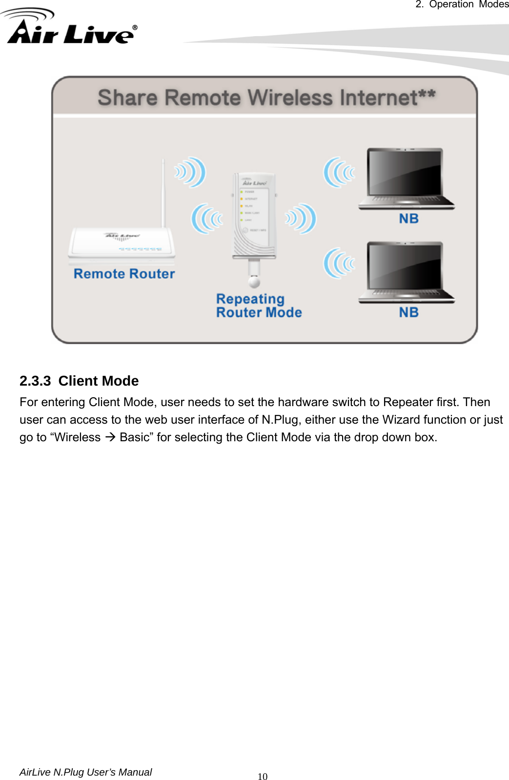 2. Operation Modes  AirLive N.Plug User’s Manual  10  2.3.3 Client Mode For entering Client Mode, user needs to set the hardware switch to Repeater first. Then user can access to the web user interface of N.Plug, either use the Wizard function or just go to “Wireless Æ Basic” for selecting the Client Mode via the drop down box.   